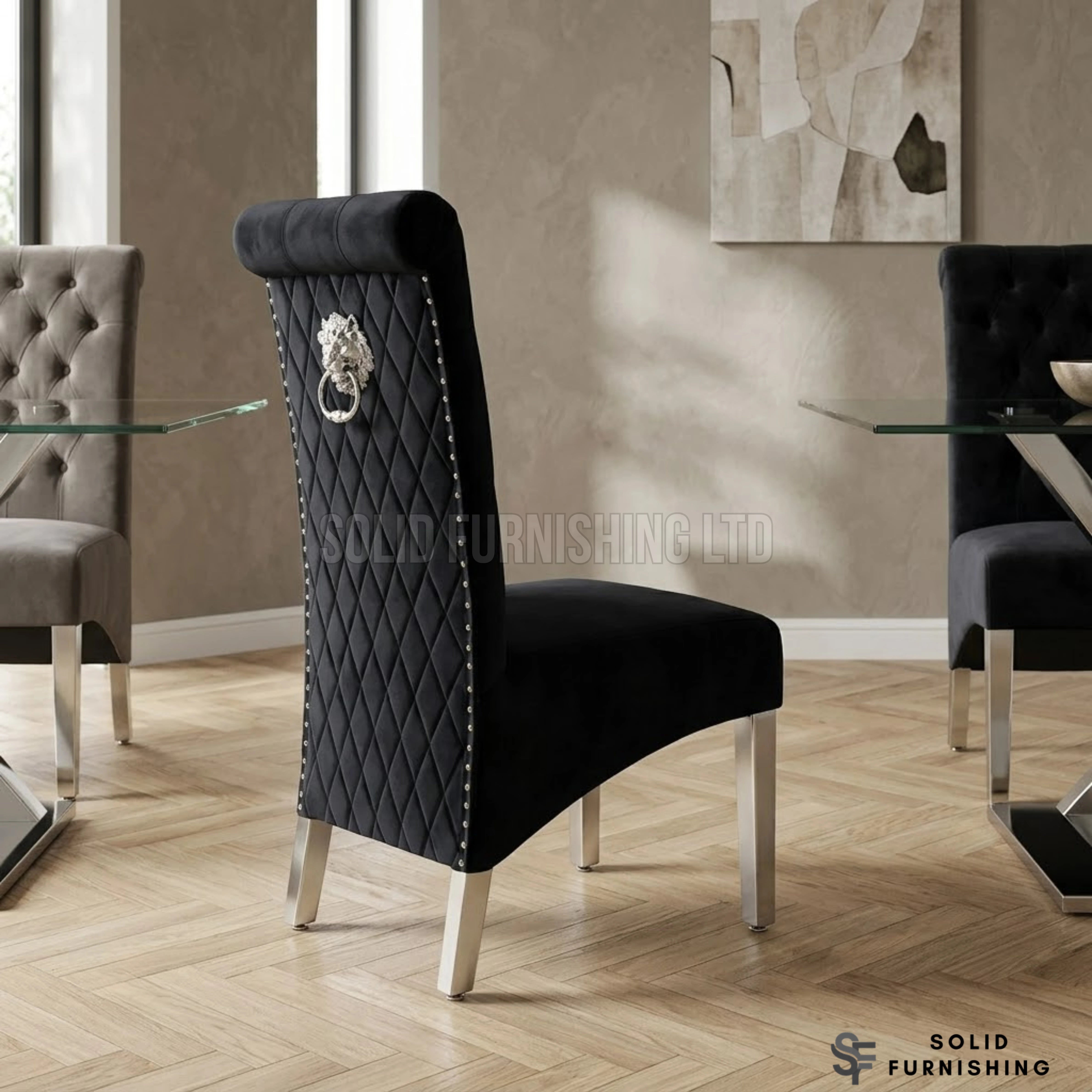 Sofia Lion Knocker Velvet Dining Chairs – Chrome Legs (Set of 2)