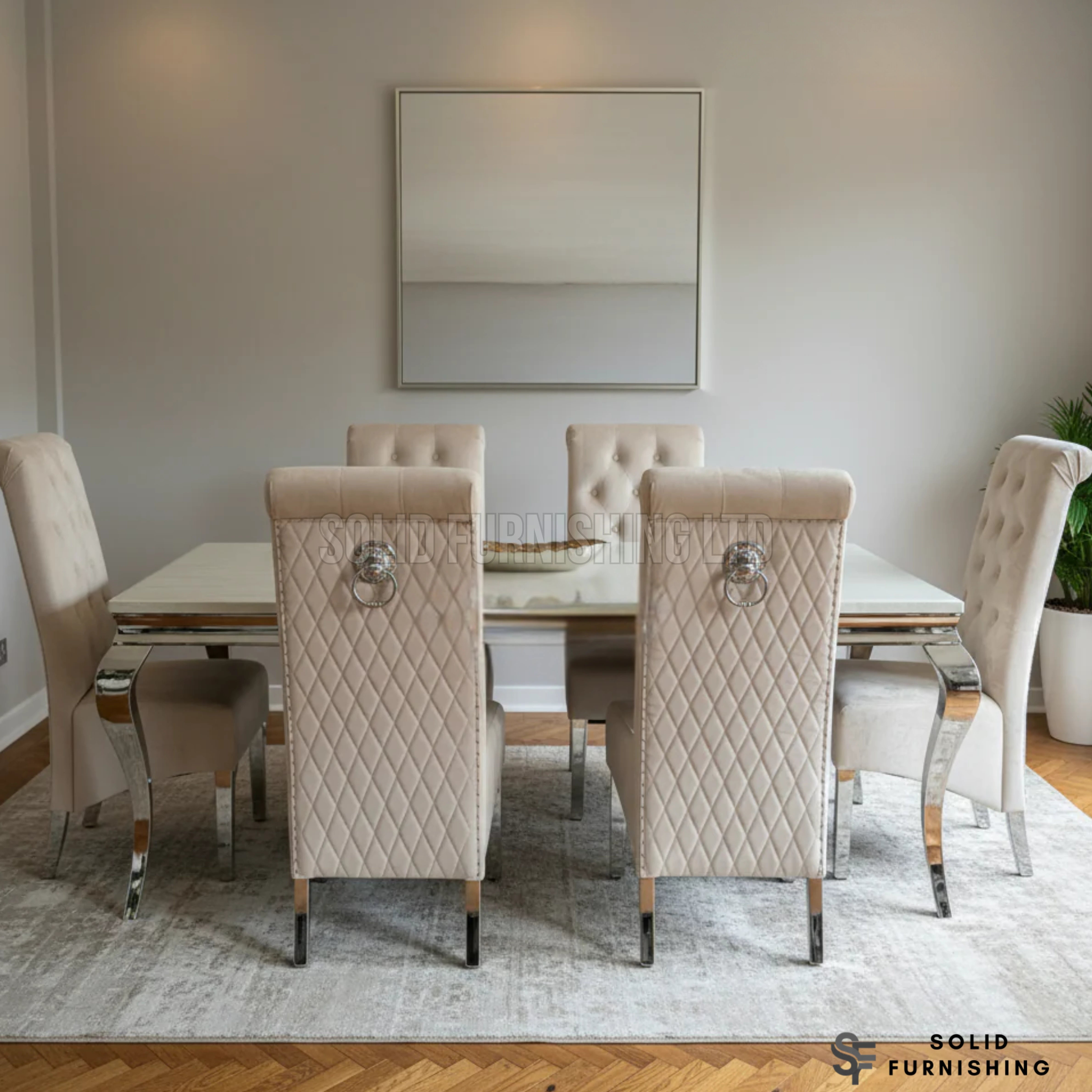 Sofia Lion Knocker Velvet Dining Chairs – Chrome Legs (Set of 2)