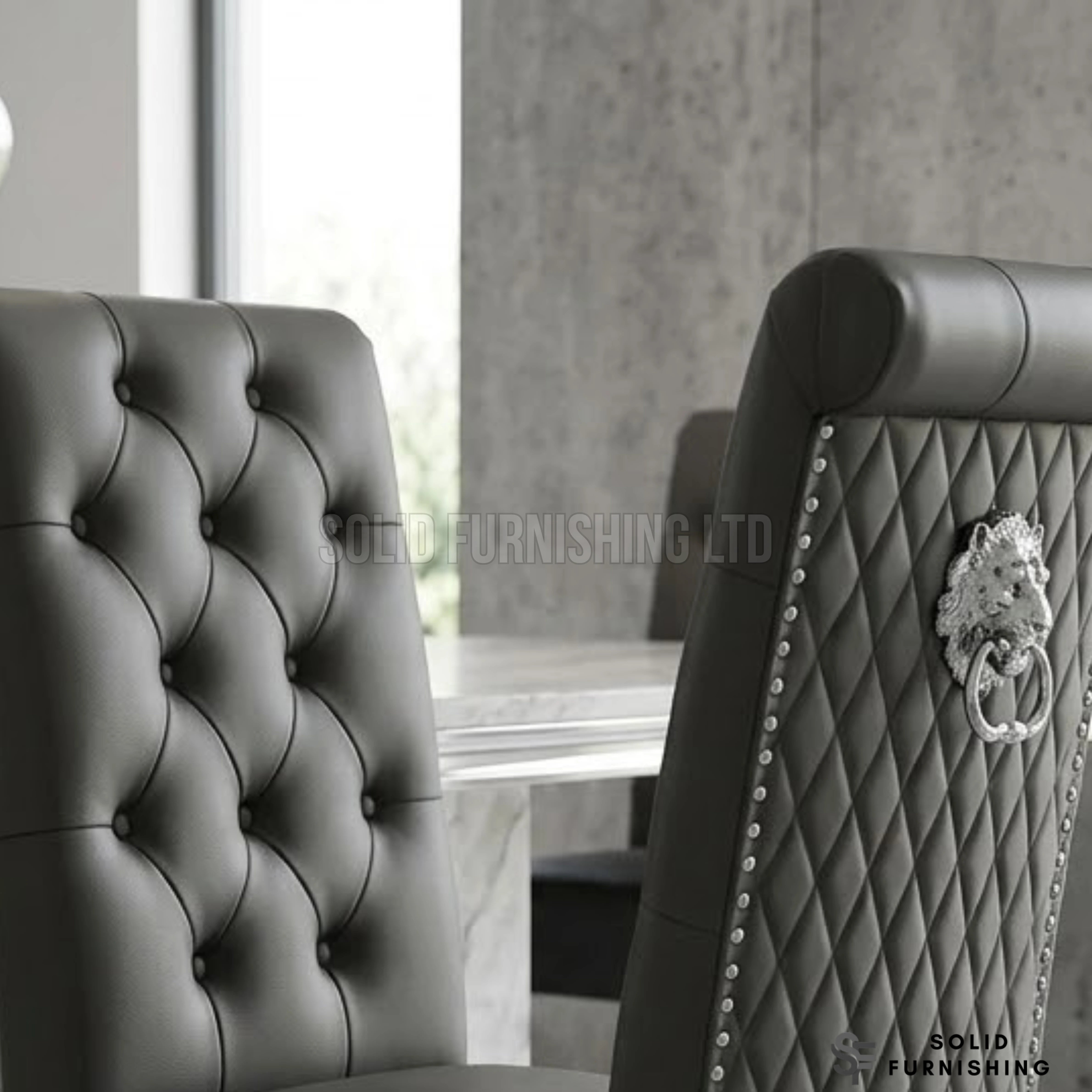 Sofia PU Leather Lion Knocker Dining Chairs – Grey or Cream (Set of 2)