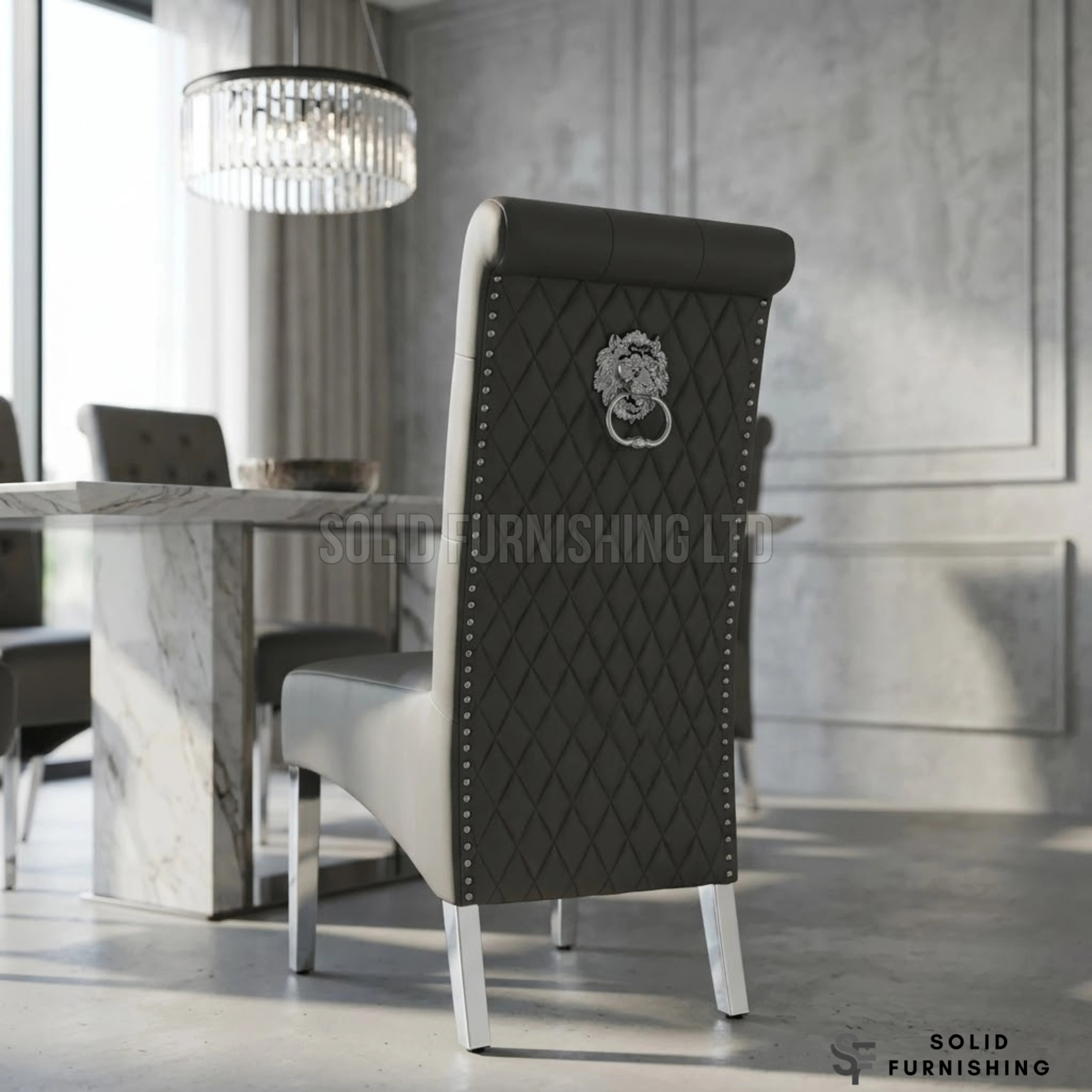 Sofia PU Leather Lion Knocker Dining Chairs – Grey or Cream (Set of 2)