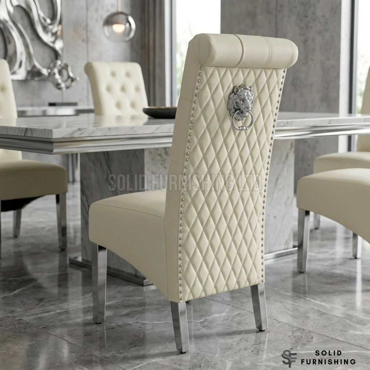Sofia PU Leather Lion Knocker Dining Chairs – Grey or Cream (Set of 2)