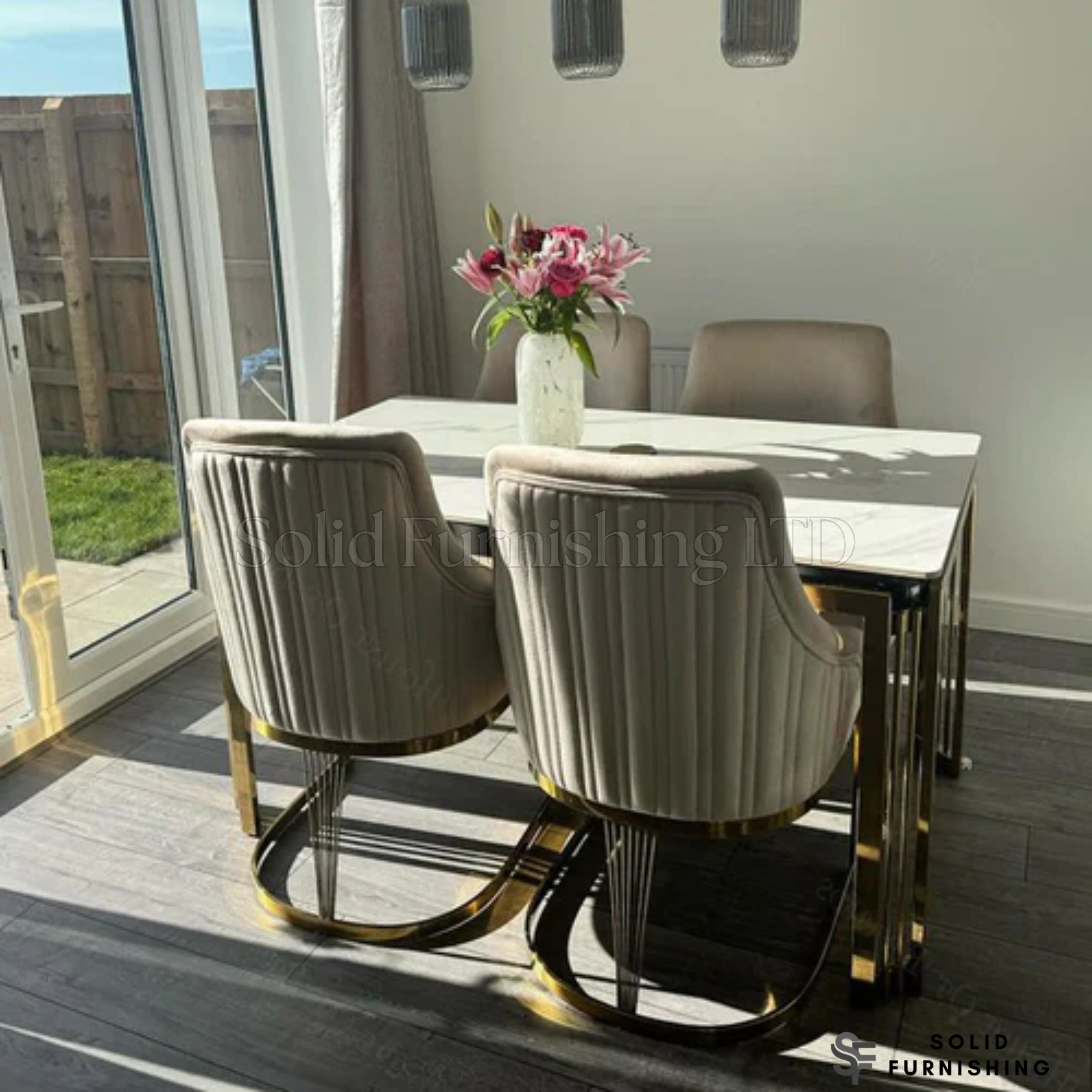 Sorrento 150cm Gold Ceramic Dining Table Set with Lasco Dining Chairs – 4 or 6 Seater