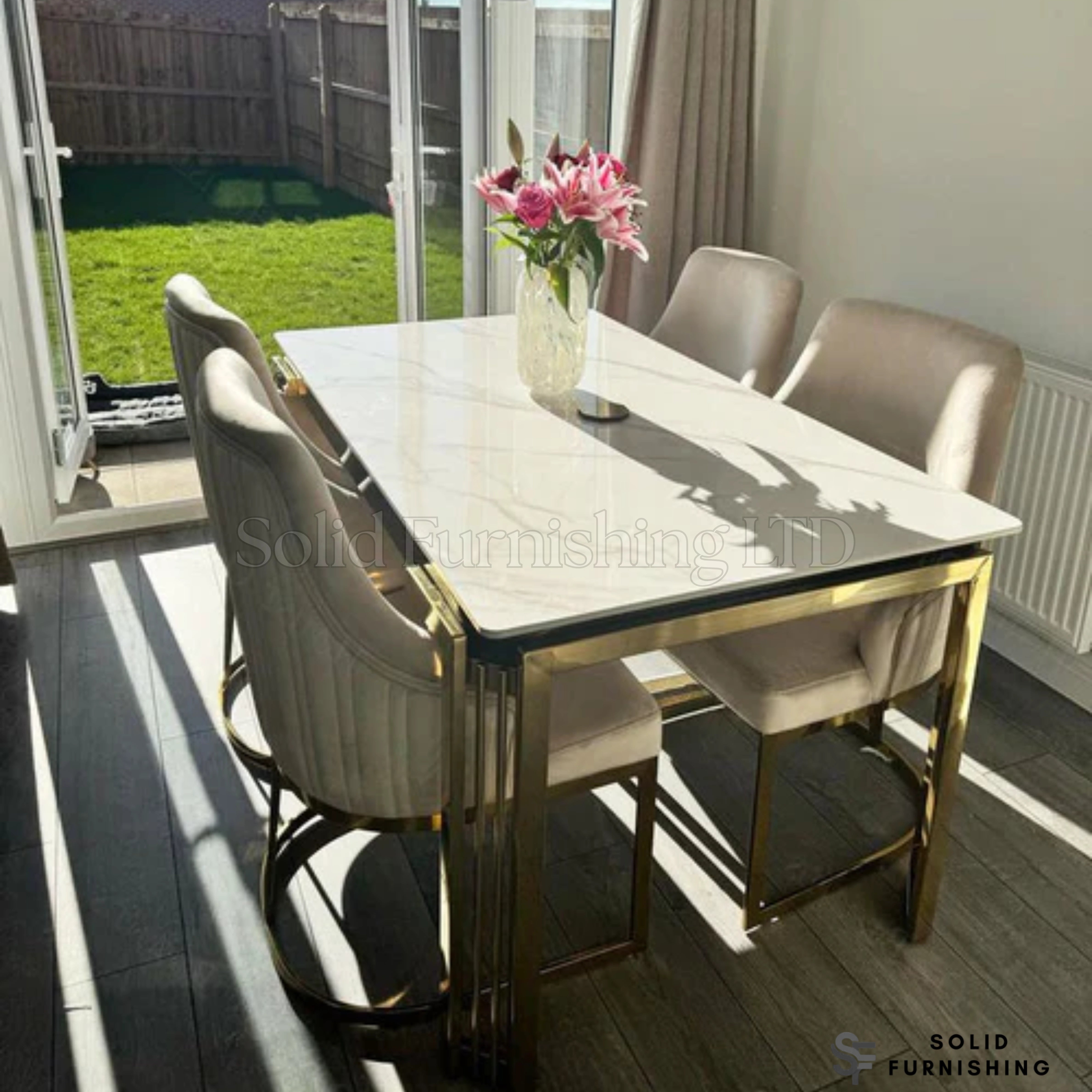 Sorrento 150cm Gold Ceramic Dining Table Set with Lasco Dining Chairs – 4 or 6 Seater