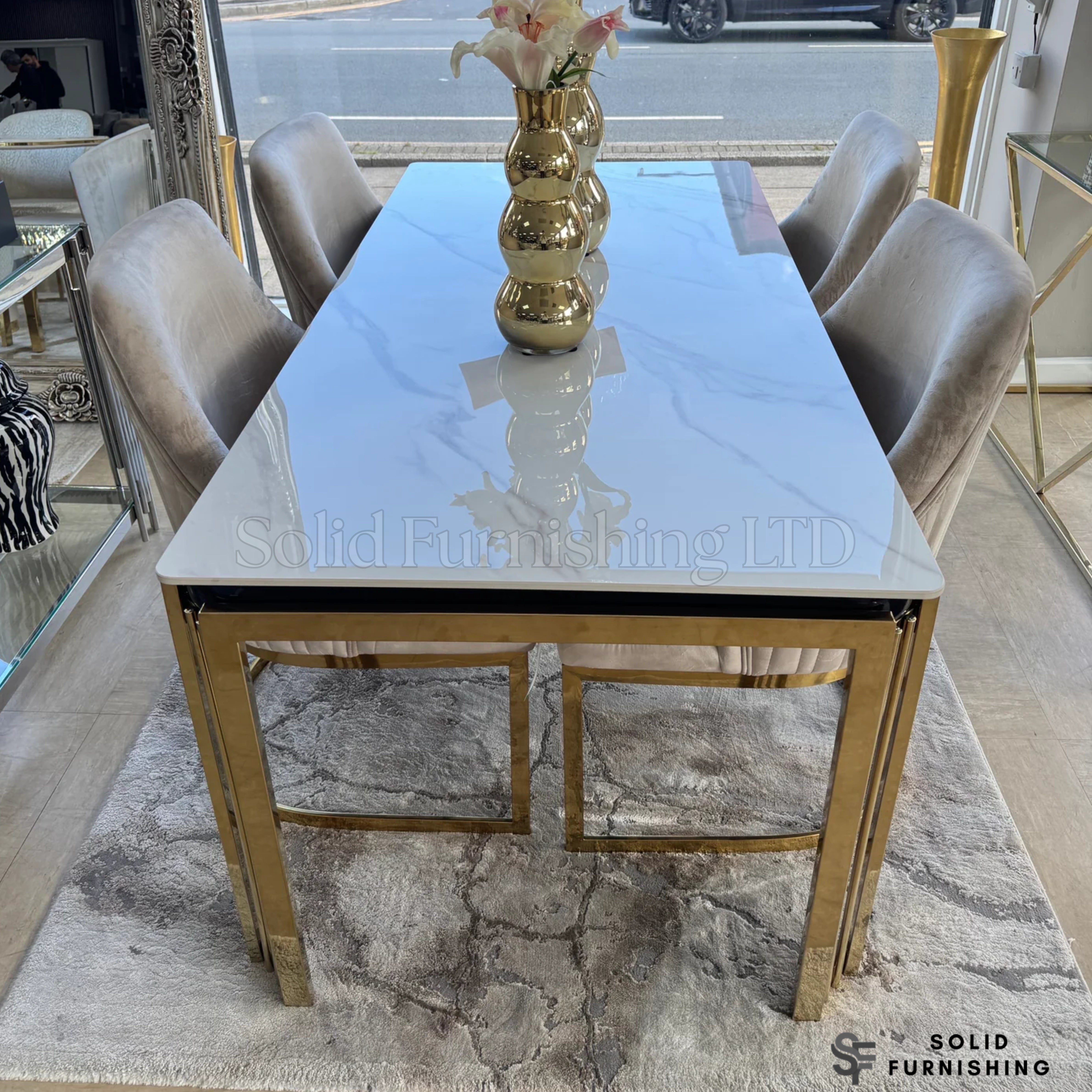 Sorrento 150cm Gold Ceramic Dining Table Set with Lasco Dining Chairs – 4 or 6 Seater