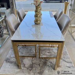 Sorrento 150cm Gold Ceramic Dining Table Set with Lasco Dining Chairs – 4 or 6 Seater