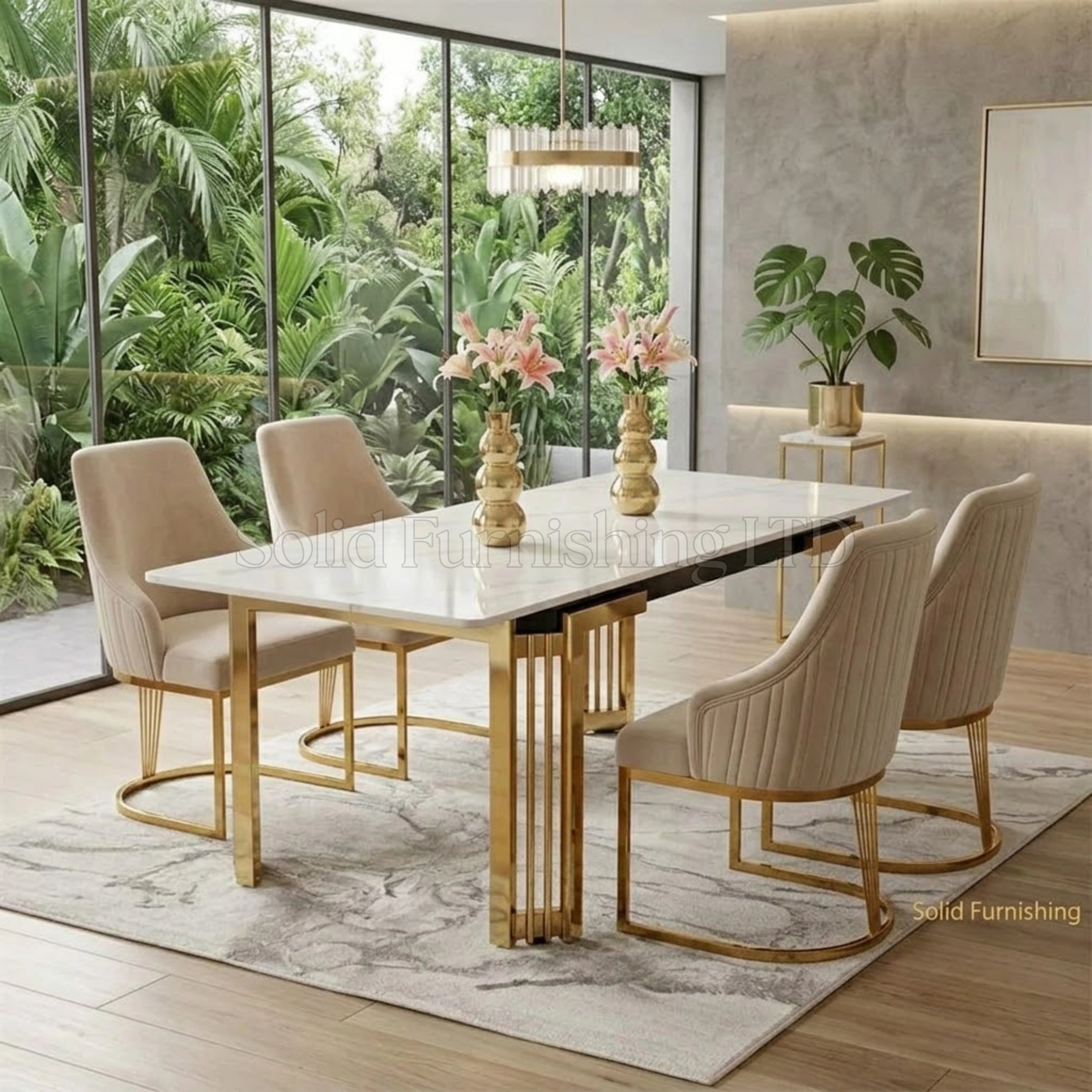 Sorrento 180cm Cream Sintered Stone Dining Table Set with Lasco Gold Frame Chairs – 4 or 6 Seater