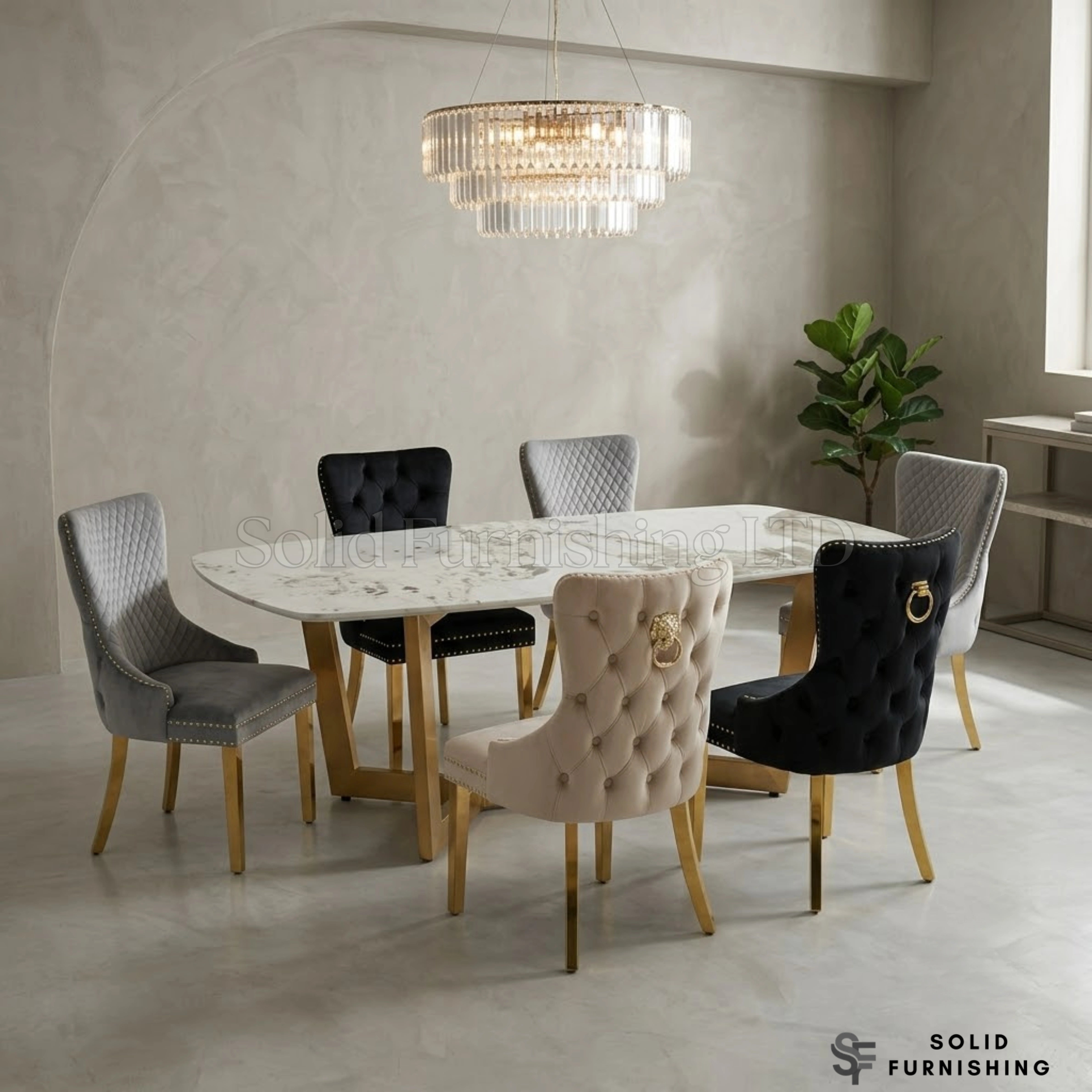 Sorrento 180cm Oval Ceramic Dining Table Set with Victoria Knocker Chairs – Gold Dining Set