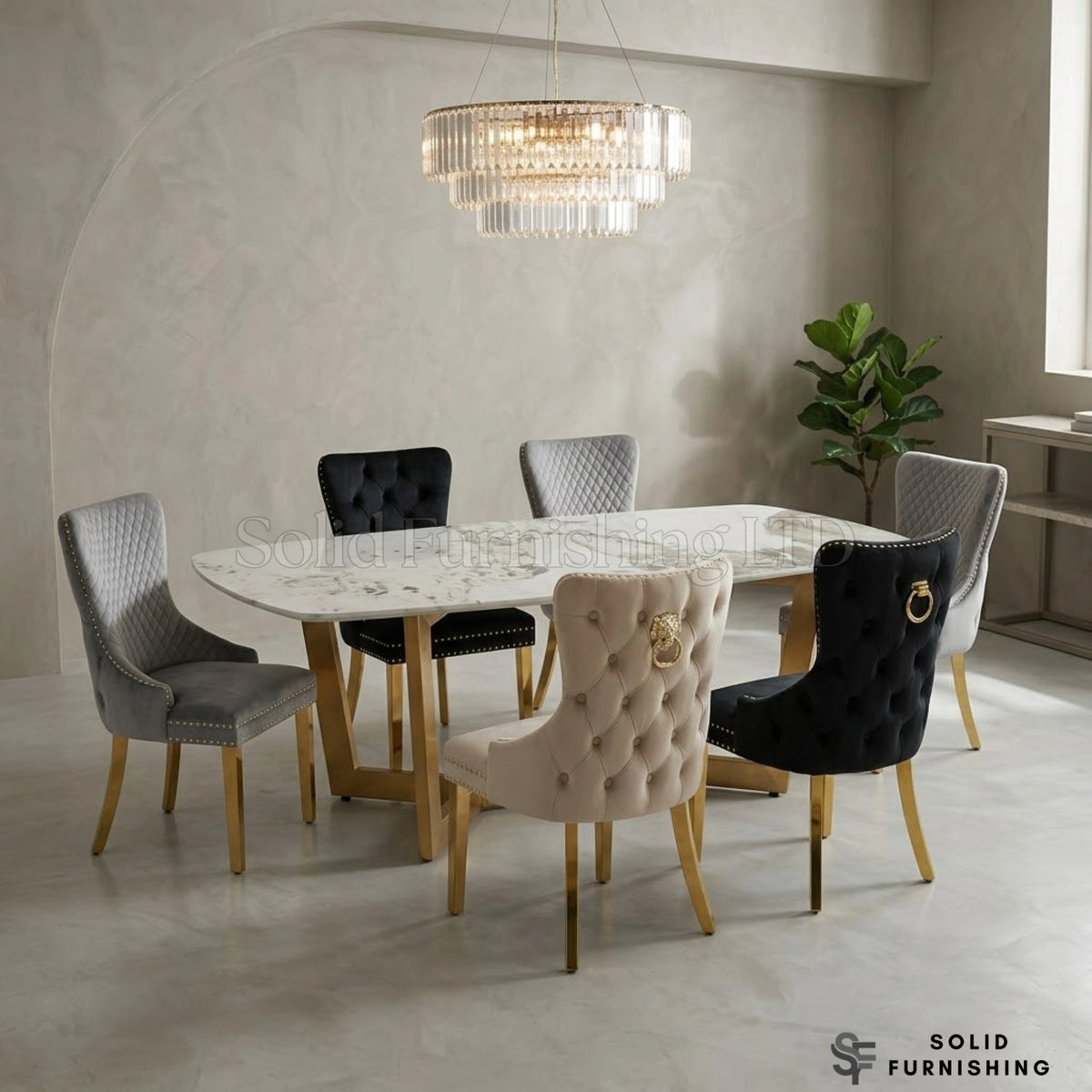 Sorrento 180cm Oval Ceramic Dining Table Set with Victoria Knocker Chairs – Gold Dining Set
