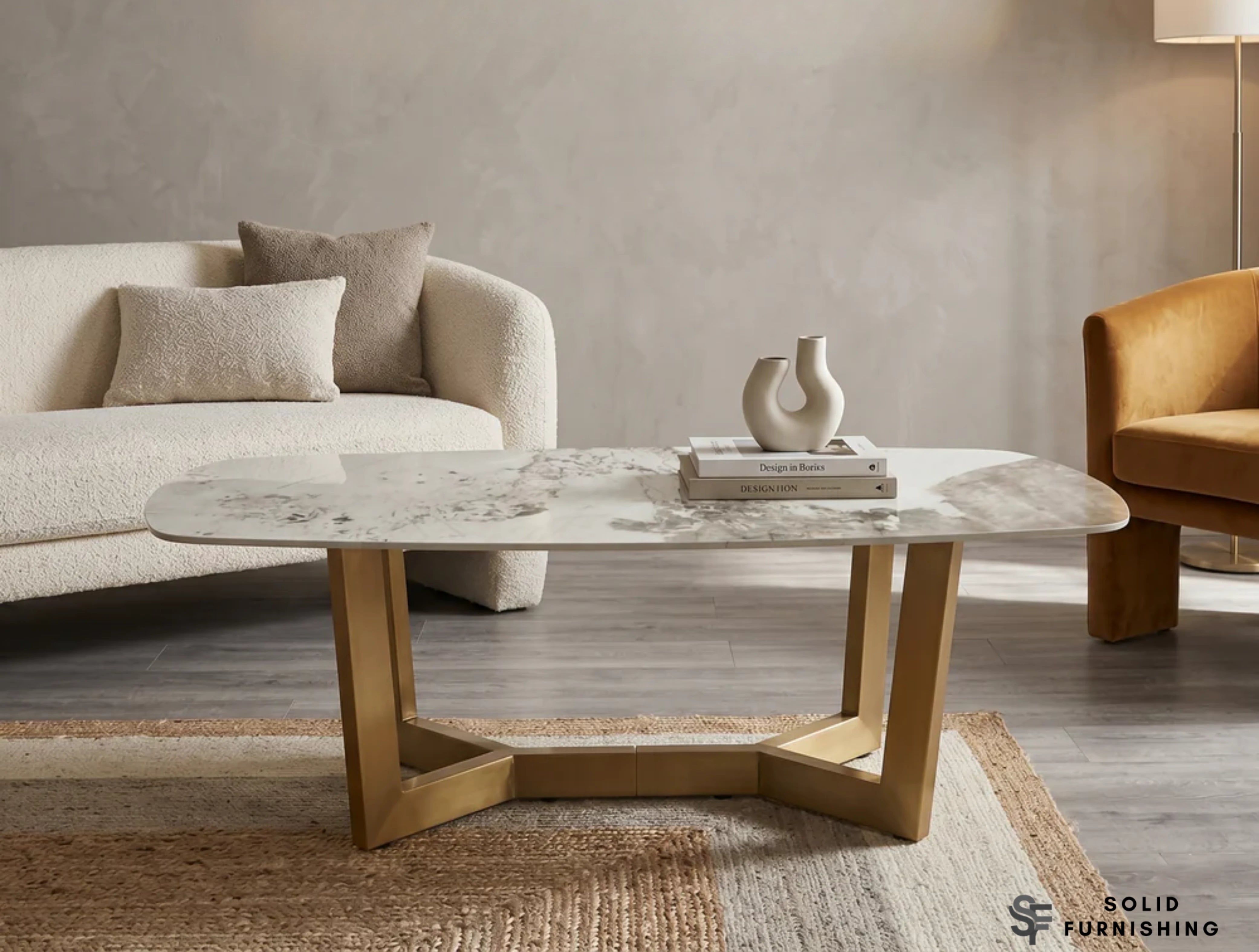 Sorrento Oval Ceramic Gold Coffee Table – Cream & Gold