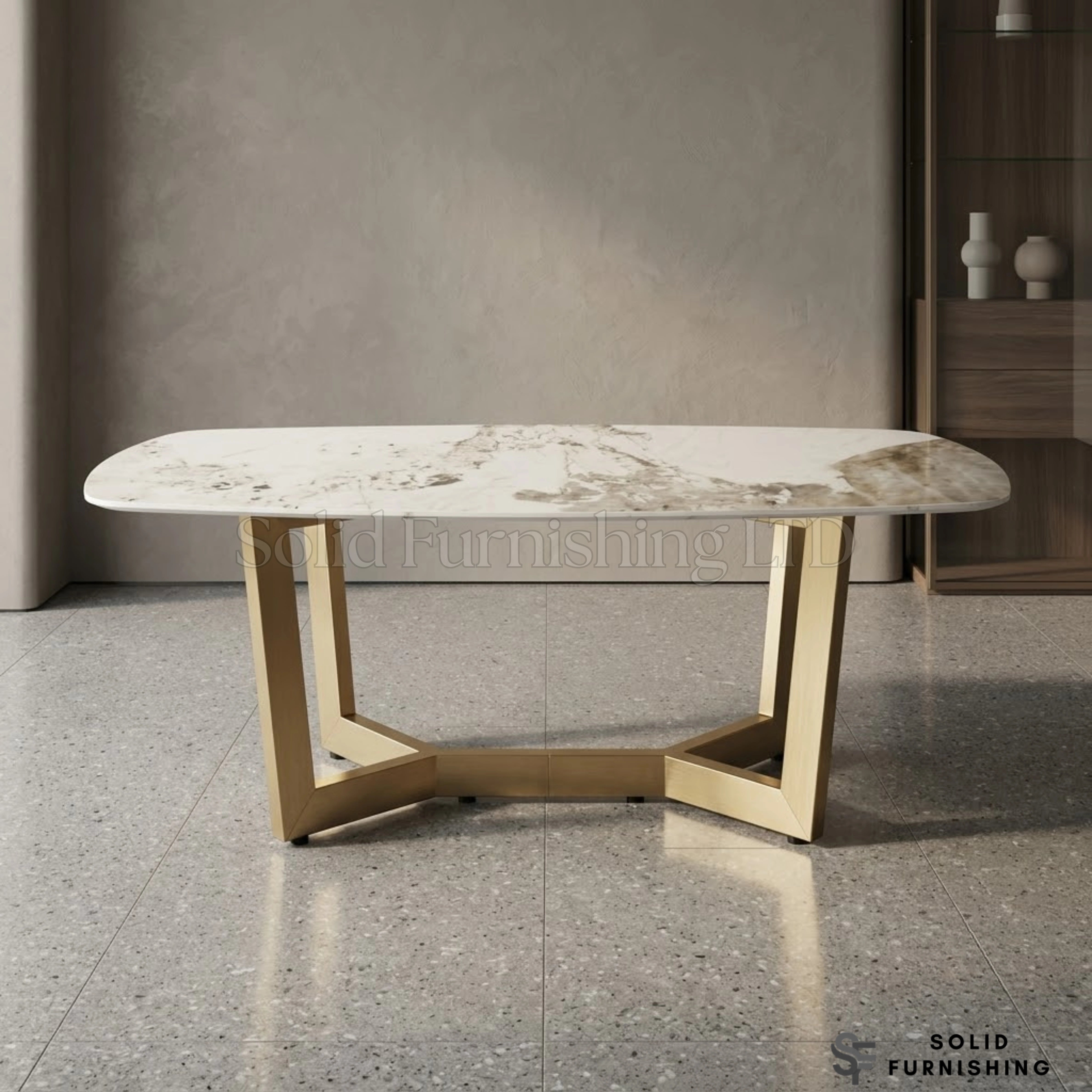 Sorrento Oval Cream Ceramic Dining Table with Gold Base – 150cm or 180cm