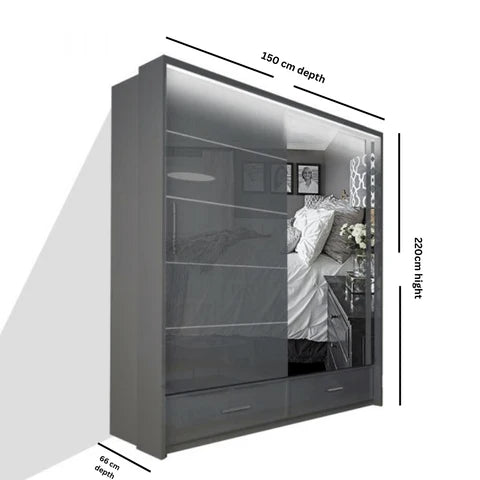 Sycylia 150cm High Gloss Sliding Wardrobe with Full Mirror Door – Modern Bedroom Storage