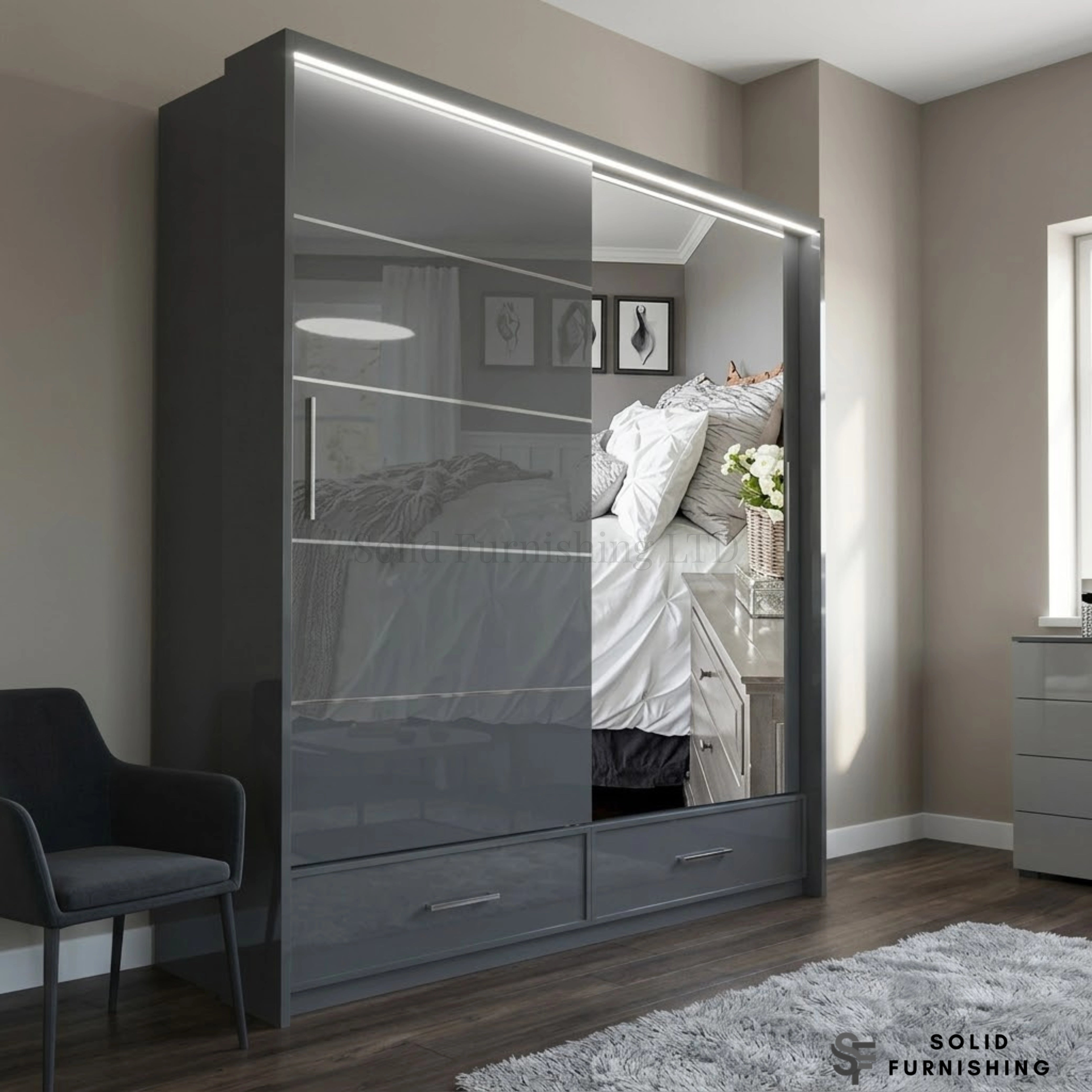 Sycylia 150cm High Gloss Sliding Wardrobe with Full Mirror Door – Modern Bedroom Storage