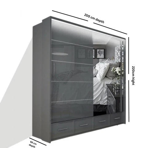 Sycylia 205cm High Gloss Sliding Wardrobe with Full Mirror Door – Wide Bedroom Storage Wardrobe