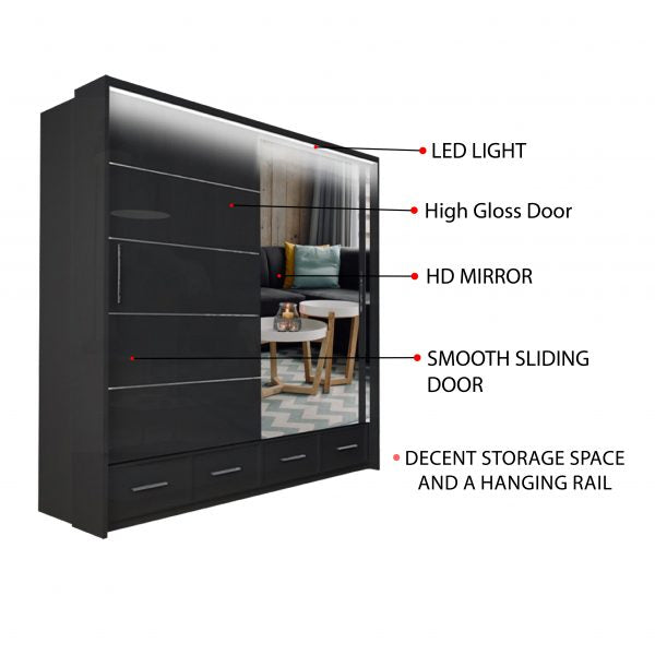 Sycylia 205cm High Gloss Sliding Wardrobe with Full Mirror Door – Wide Bedroom Storage Wardrobe