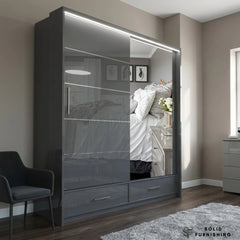 Sycylia 205cm High Gloss Sliding Wardrobe with Full Mirror Door – Wide Bedroom Storage Wardrobe