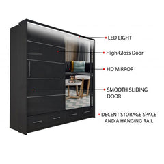 Sycylia 205cm High Gloss Sliding Wardrobe with Full Mirror Door – Wide Bedroom Storage Wardrobe