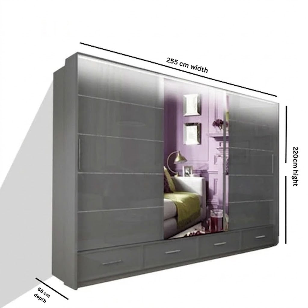 Sycylia 255cm High Gloss Sliding Wardrobe with Full Mirror Door – Extra Wide Bedroom Wardrobe
