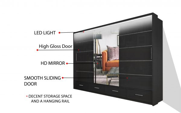 Sycylia 255cm High Gloss Sliding Wardrobe with Full Mirror Door – Extra Wide Bedroom Wardrobe