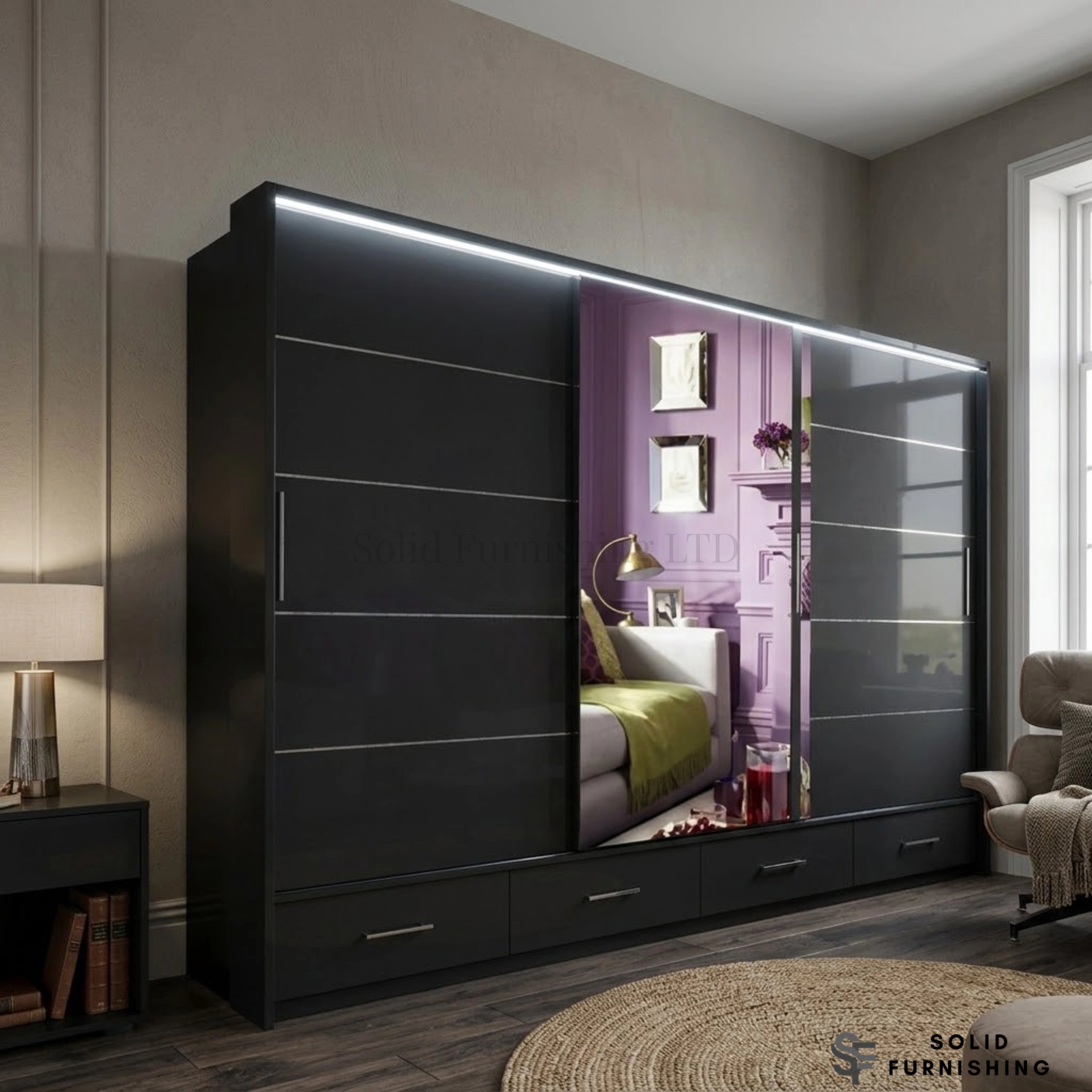 Sycylia 255cm High Gloss Sliding Wardrobe with Full Mirror Door – Extra Wide Bedroom Wardrobe