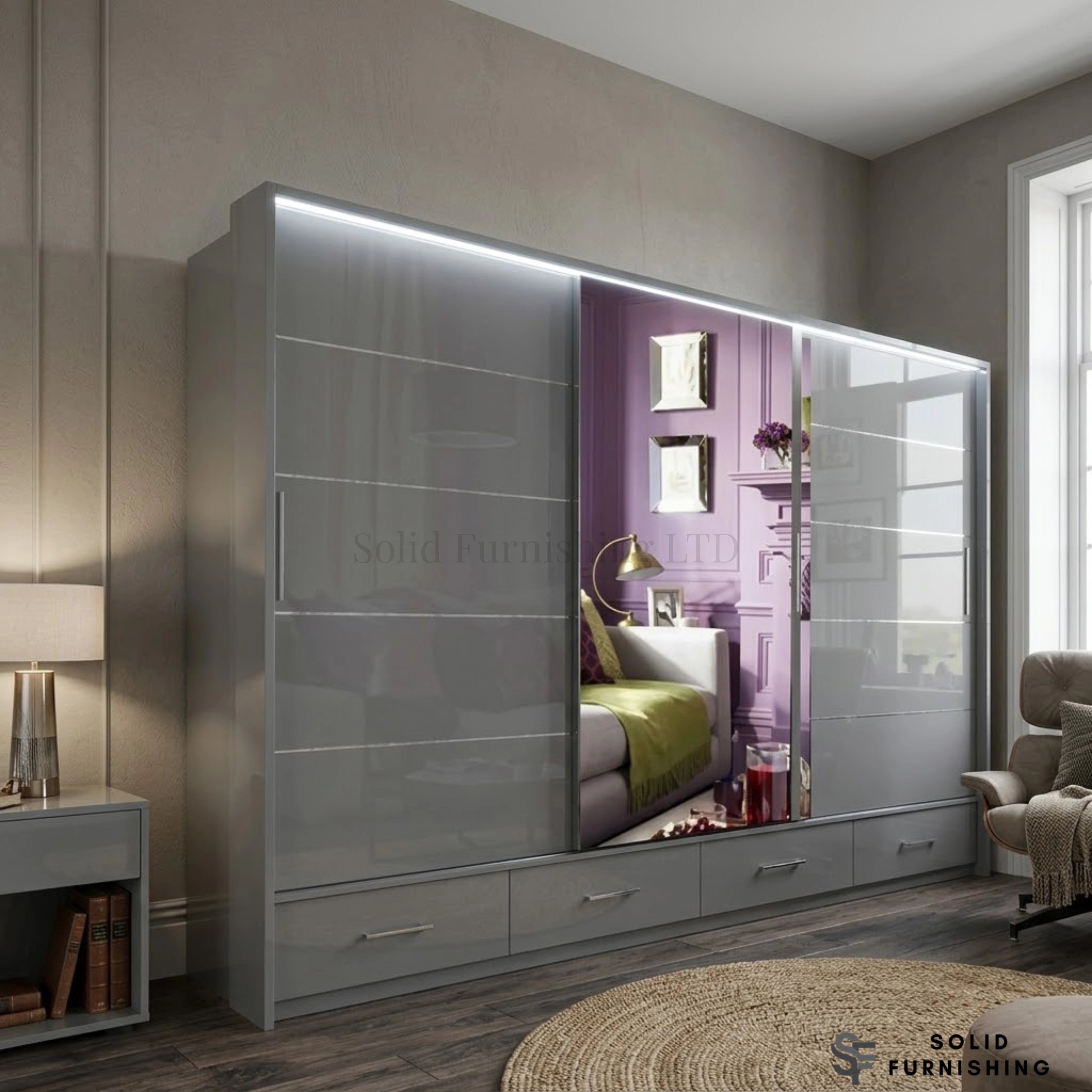Sycylia 255cm High Gloss Sliding Wardrobe with Full Mirror Door – Extra Wide Bedroom Wardrobe