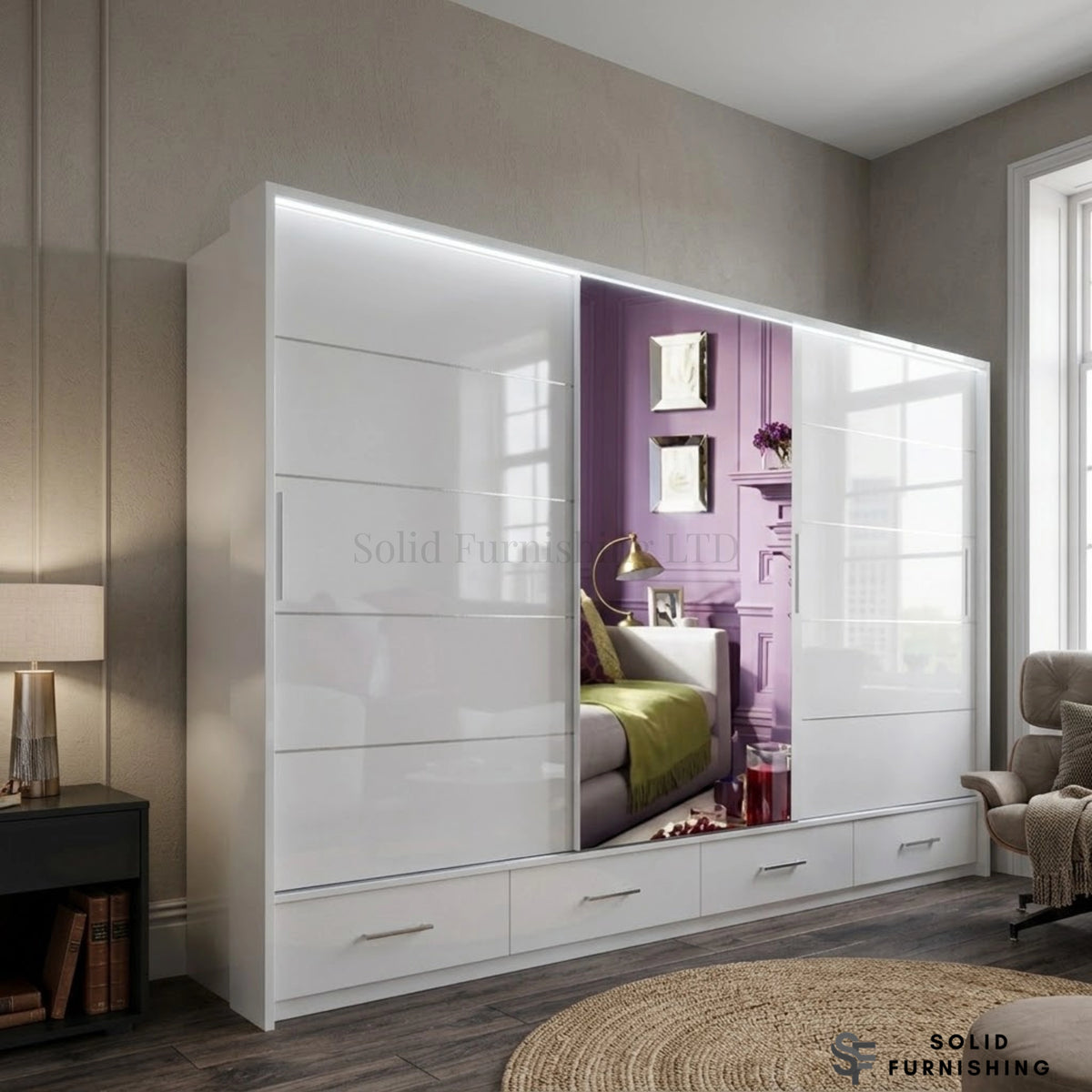 Sycylia 255cm High Gloss Sliding Wardrobe with Full Mirror Door – Extra Wide Bedroom Wardrobe