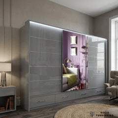 Sycylia 255cm High Gloss Sliding Wardrobe with Full Mirror Door – Extra Wide Bedroom Wardrobe