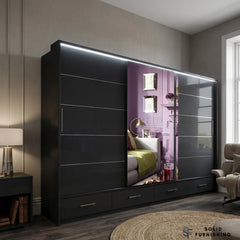 Sycylia 255cm High Gloss Sliding Wardrobe with Full Mirror Door – Extra Wide Bedroom Wardrobe