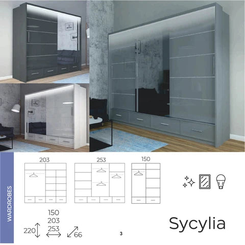 Sycylia High Gloss Sliding Wardrobe with Full Mirror Door – Modern Bedroom Storage