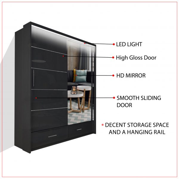 Sycylia High Gloss Sliding Wardrobe with Full Mirror Door – Modern Bedroom Storage