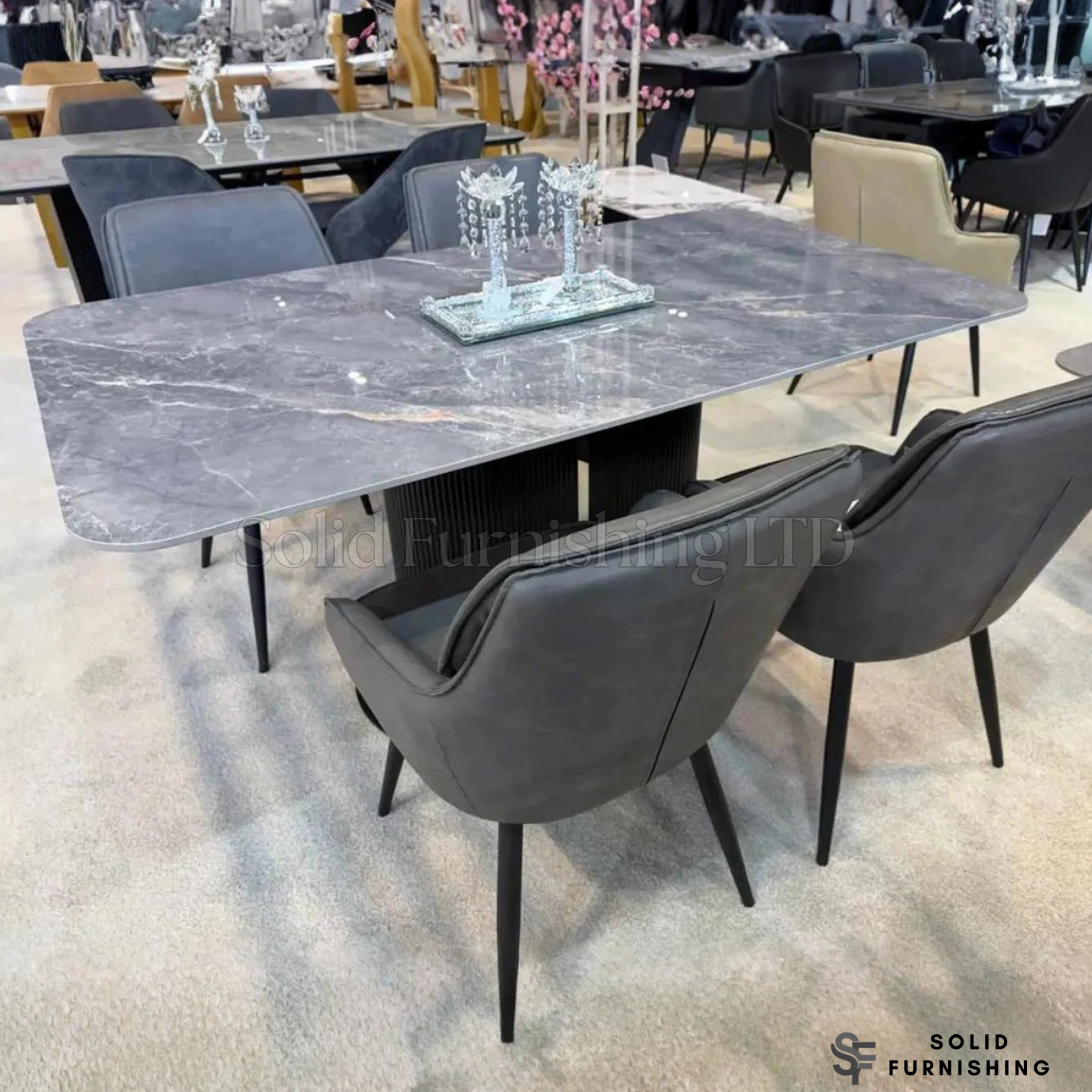 Sydney 160cm Grey Ceramic Dining Table Set with Roseland 360 Swivel Chairs