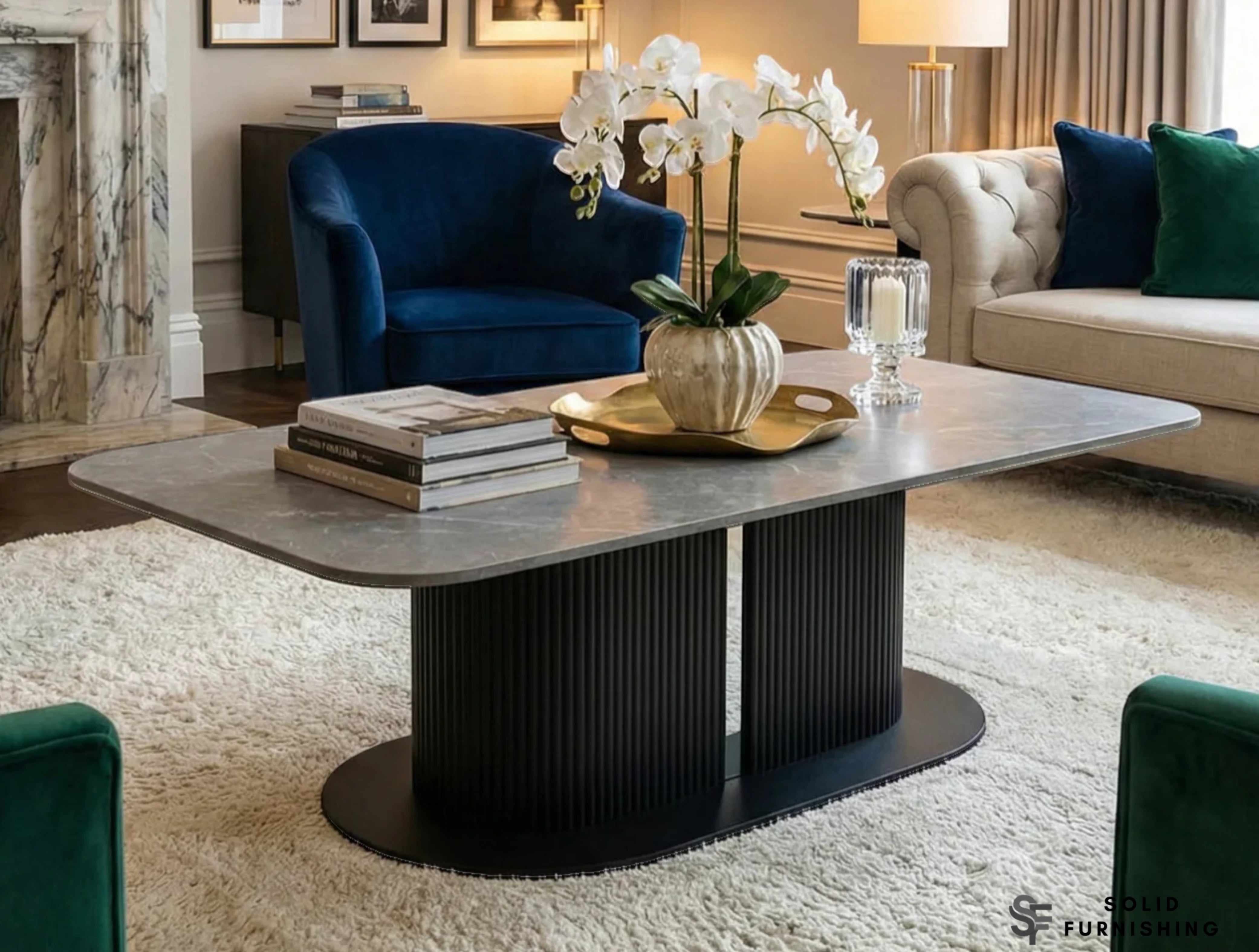 Sydney Grey Ceramic Coffee Table | Modern Rounded Centre Black Base Table