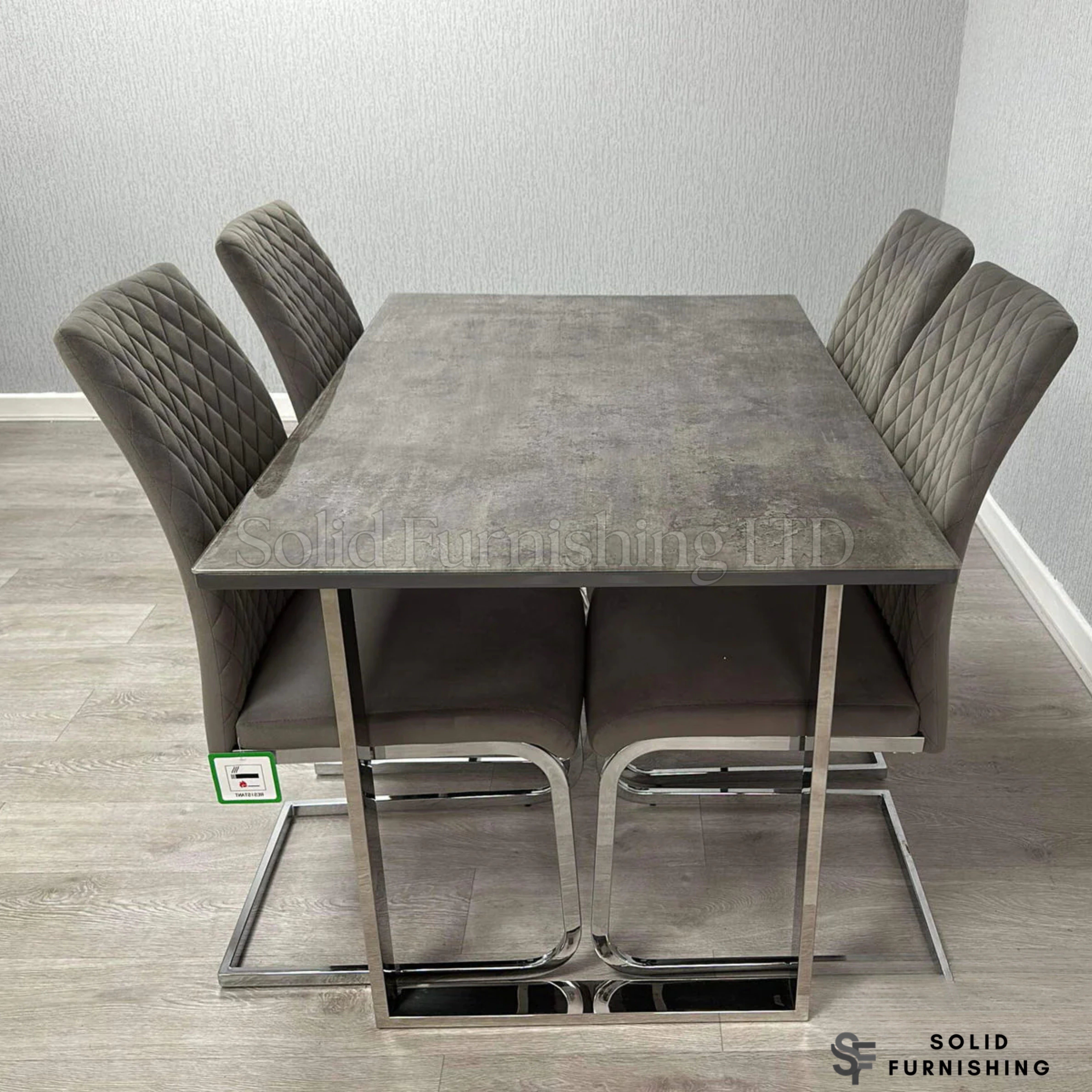 Tokyo 120cm Grey Stone Effect Glass Dining Table – Chrome Frame