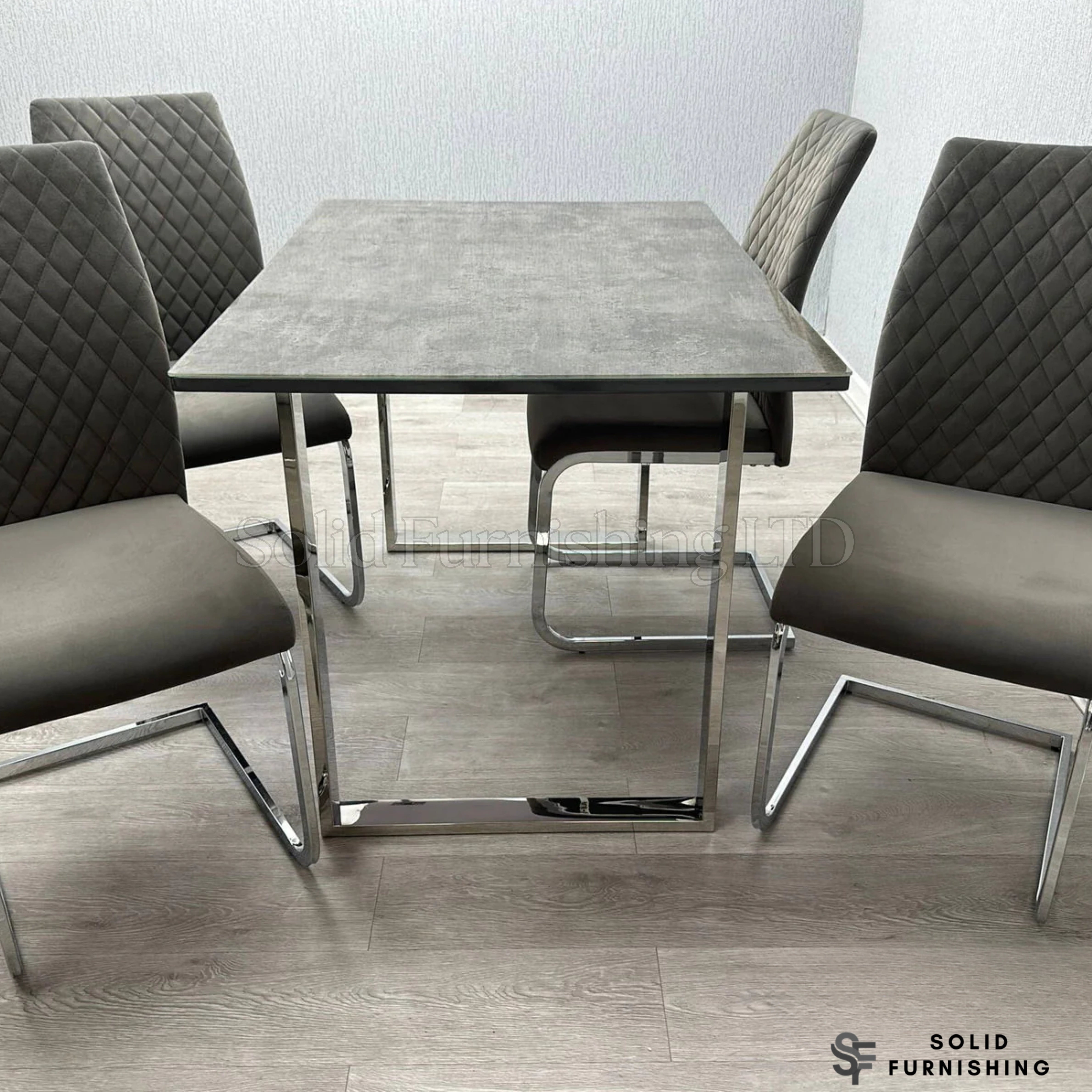 Tokyo 4 Seater Grey Stone Effect Glass Dining Set – 120cm Table & 4 Chairs