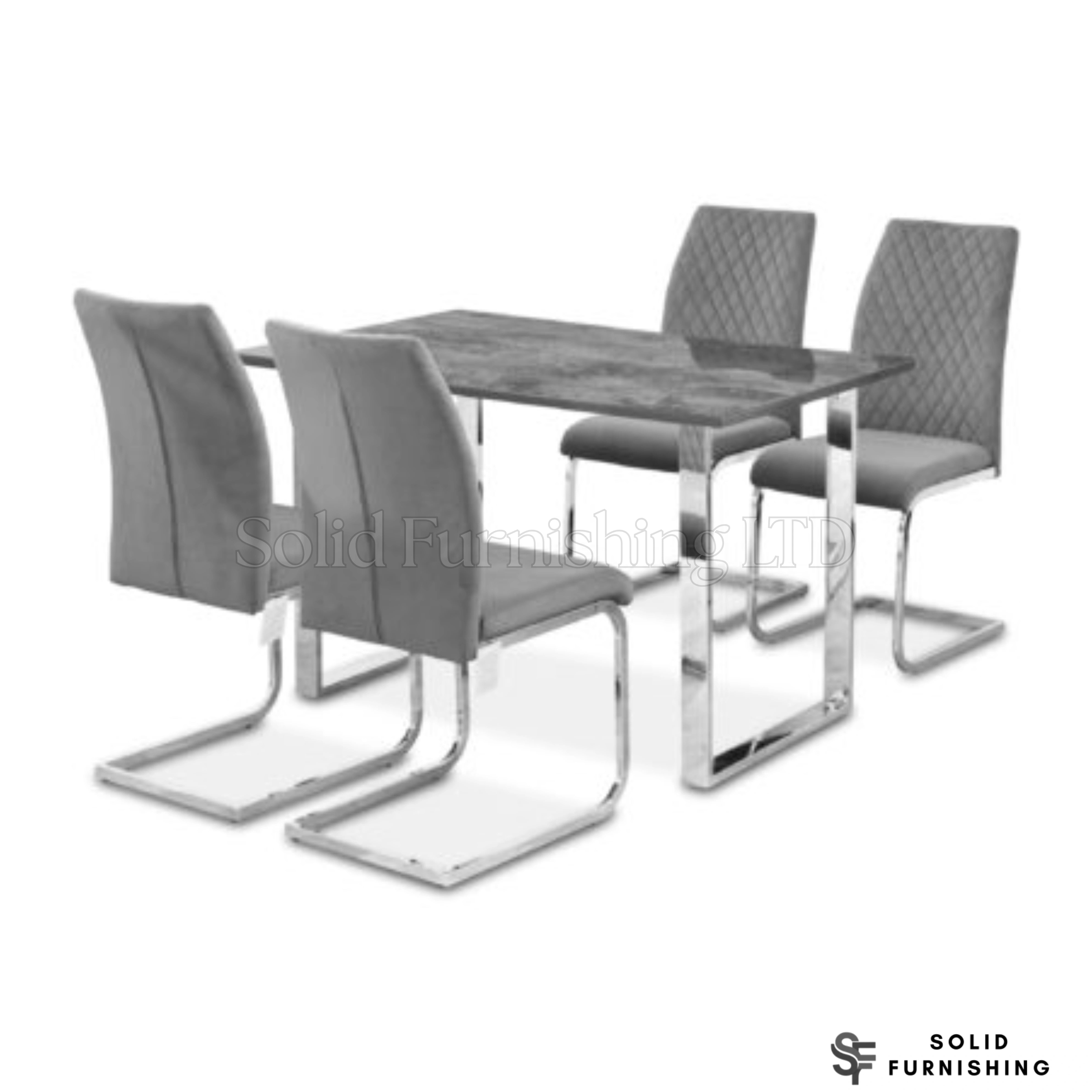 Tokyo 4 Seater Grey Stone Effect Glass Dining Set – 120cm Table & 4 Chairs