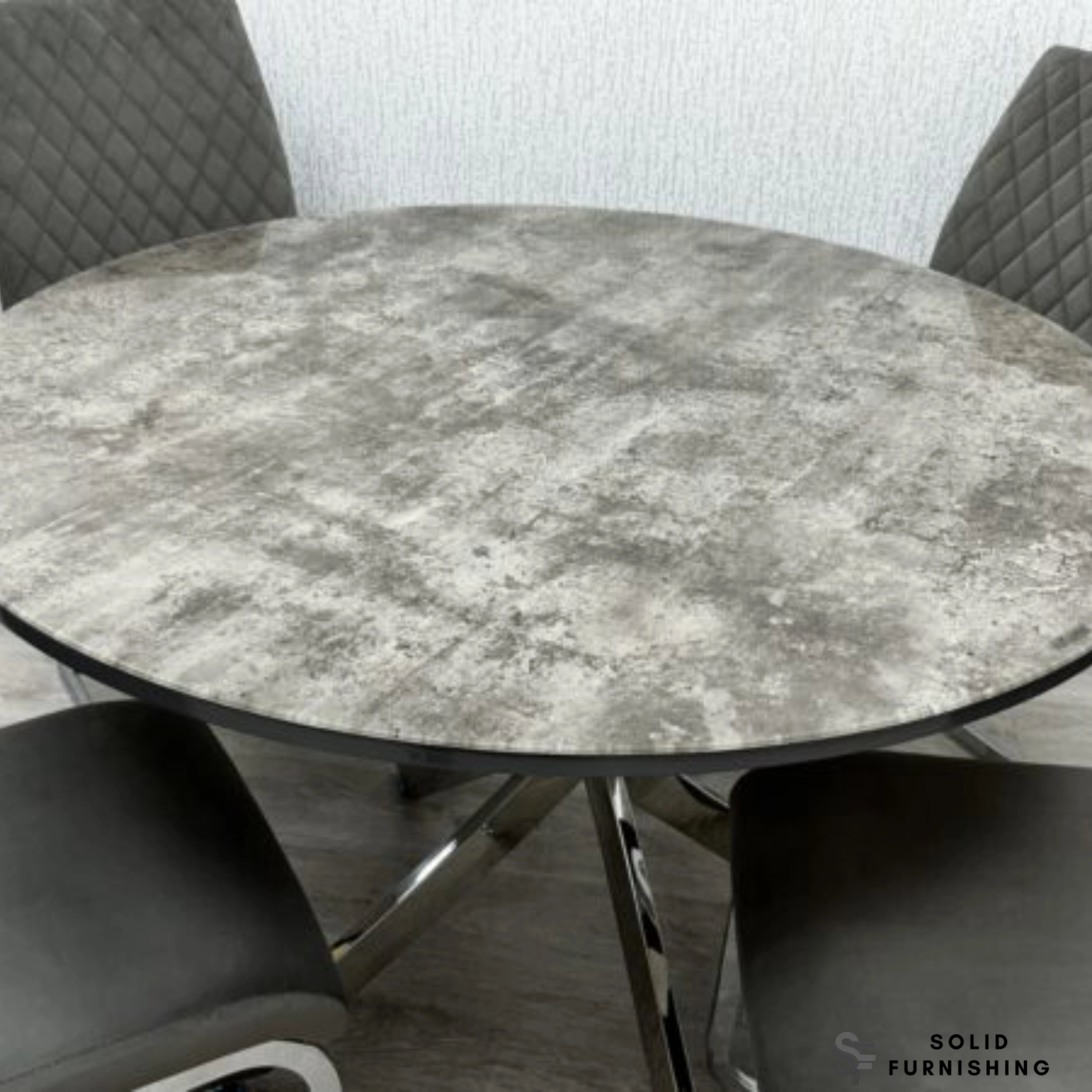 Tokyo Round Grey Stone Effect Glass Dining Set – 4 Seater