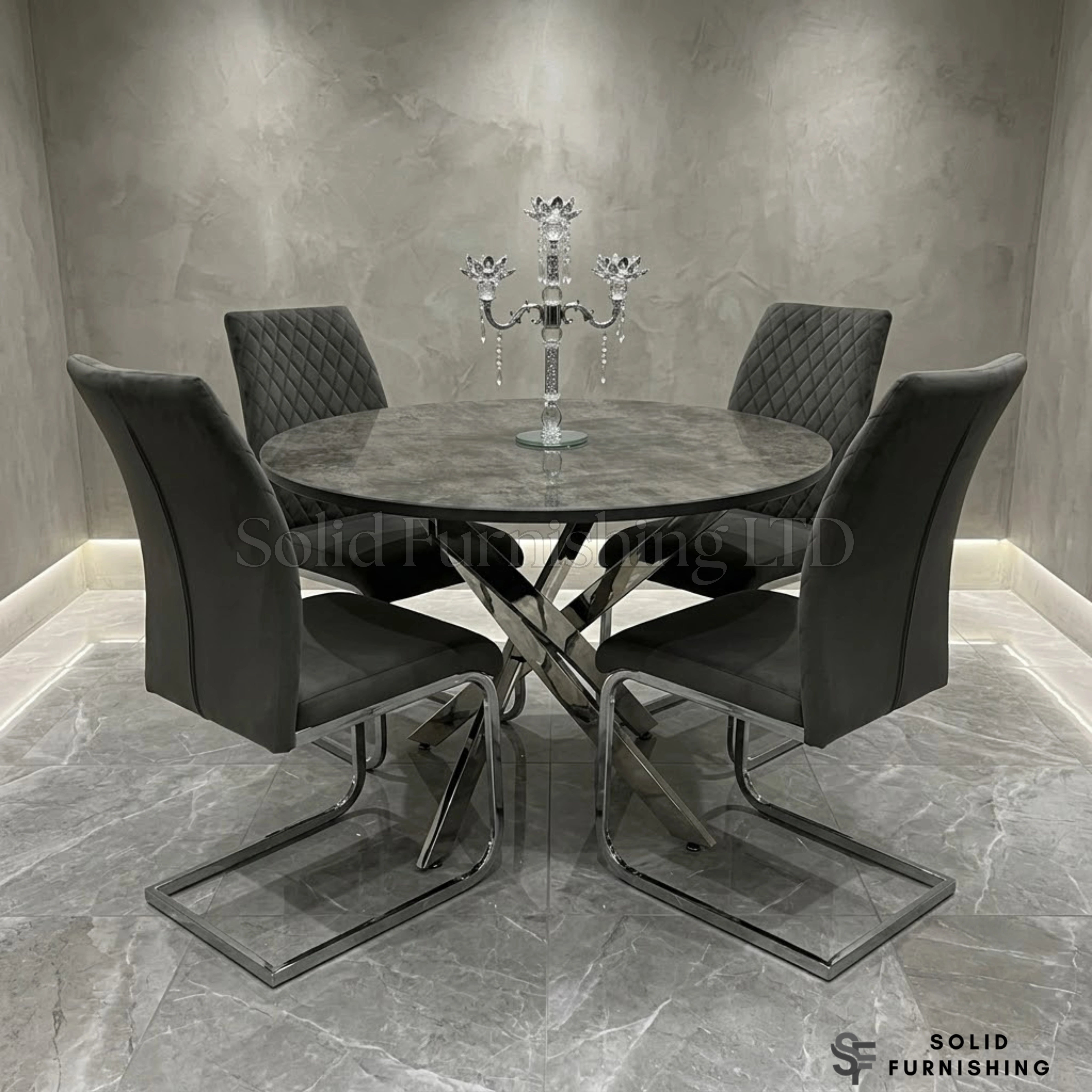 Tokyo Round Grey Stone Effect Glass Dining Set – 4 Seater