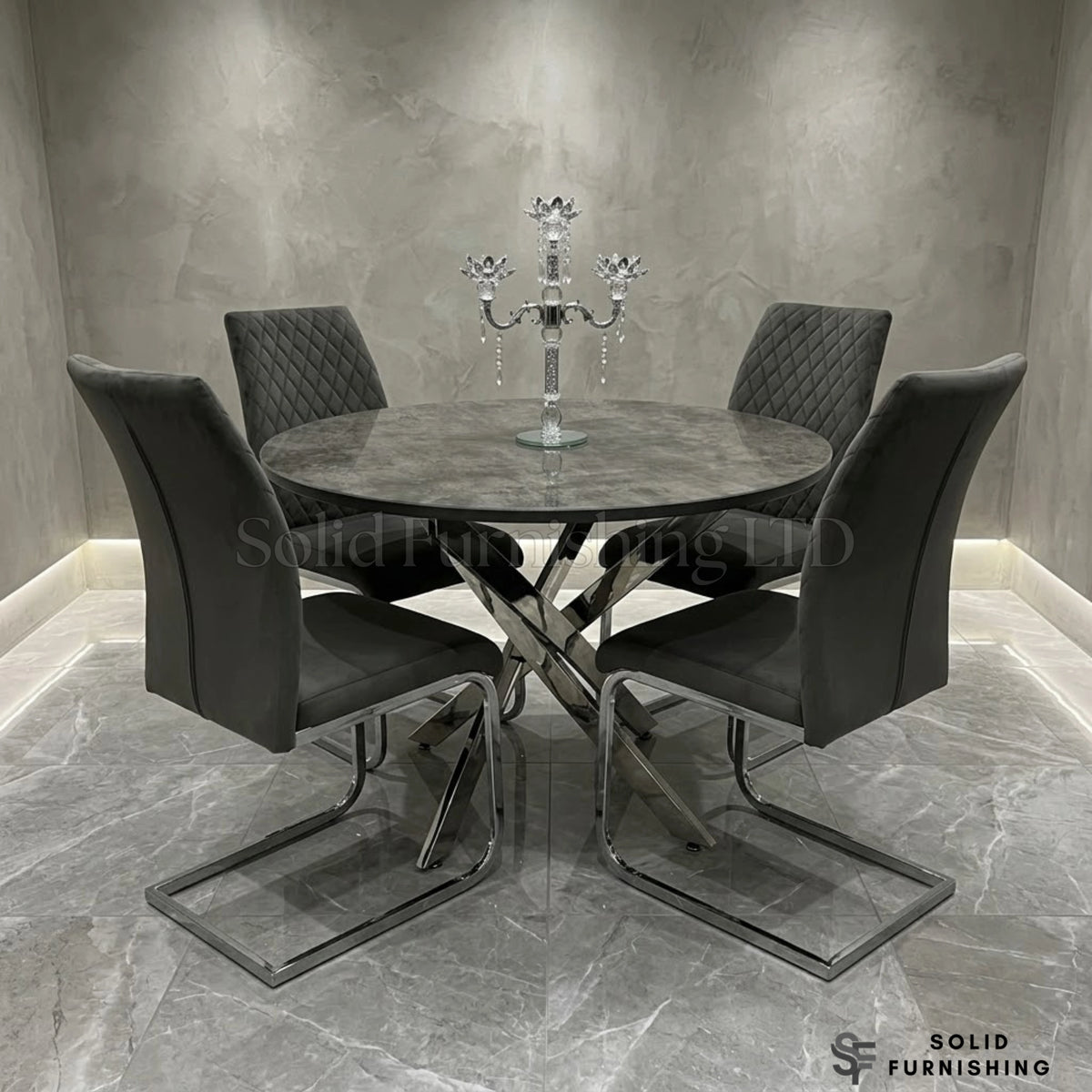 Tokyo Round Grey Stone Effect Glass Dining Set – 4 Seater