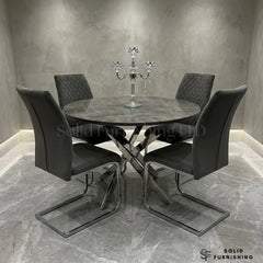 Tokyo Round Grey Stone Effect Glass Dining Set – 4 Seater
