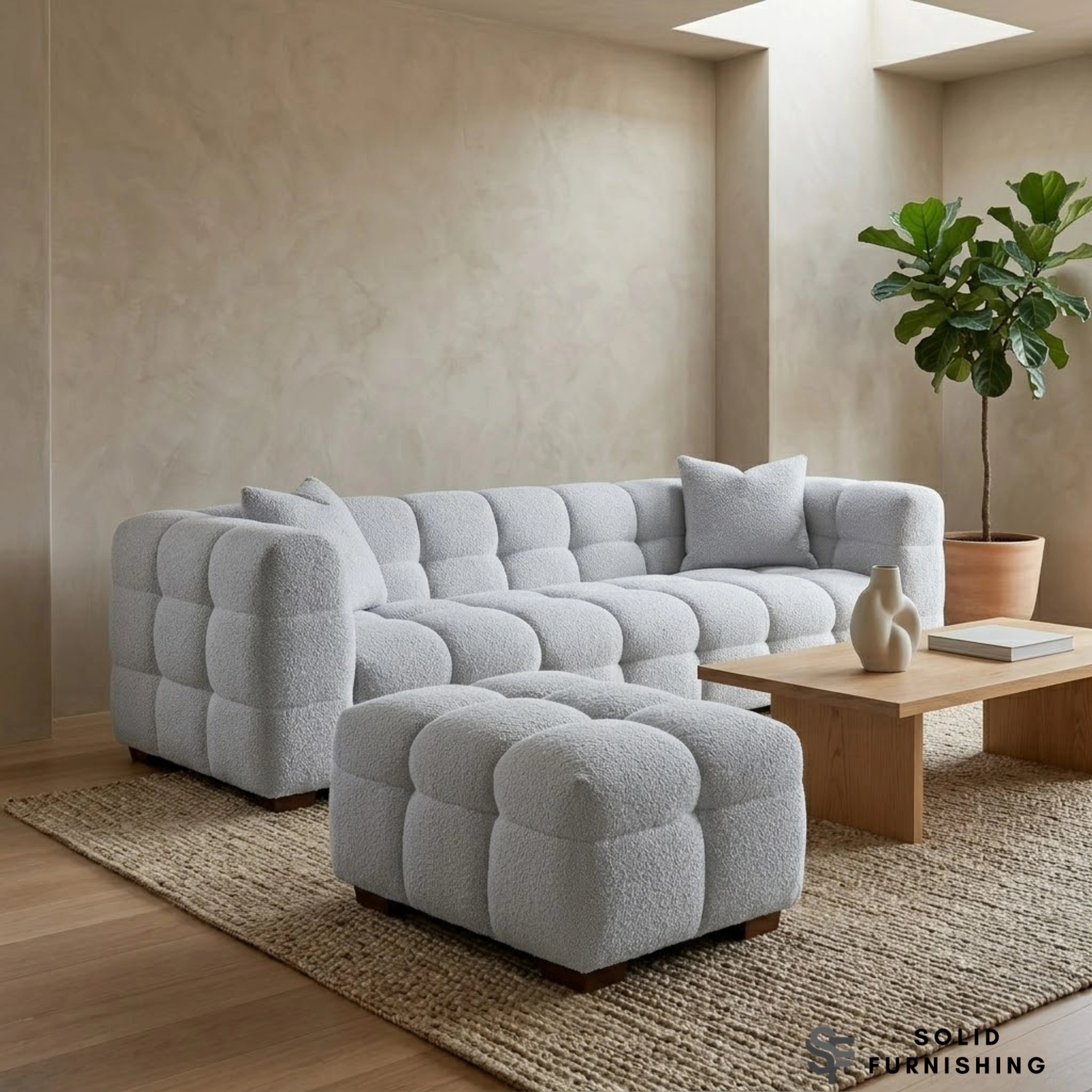Tribeca Bubble Bouclé Sofa Set – Pearl 4 Seater, 3 Seater, Armchair & Footstool
