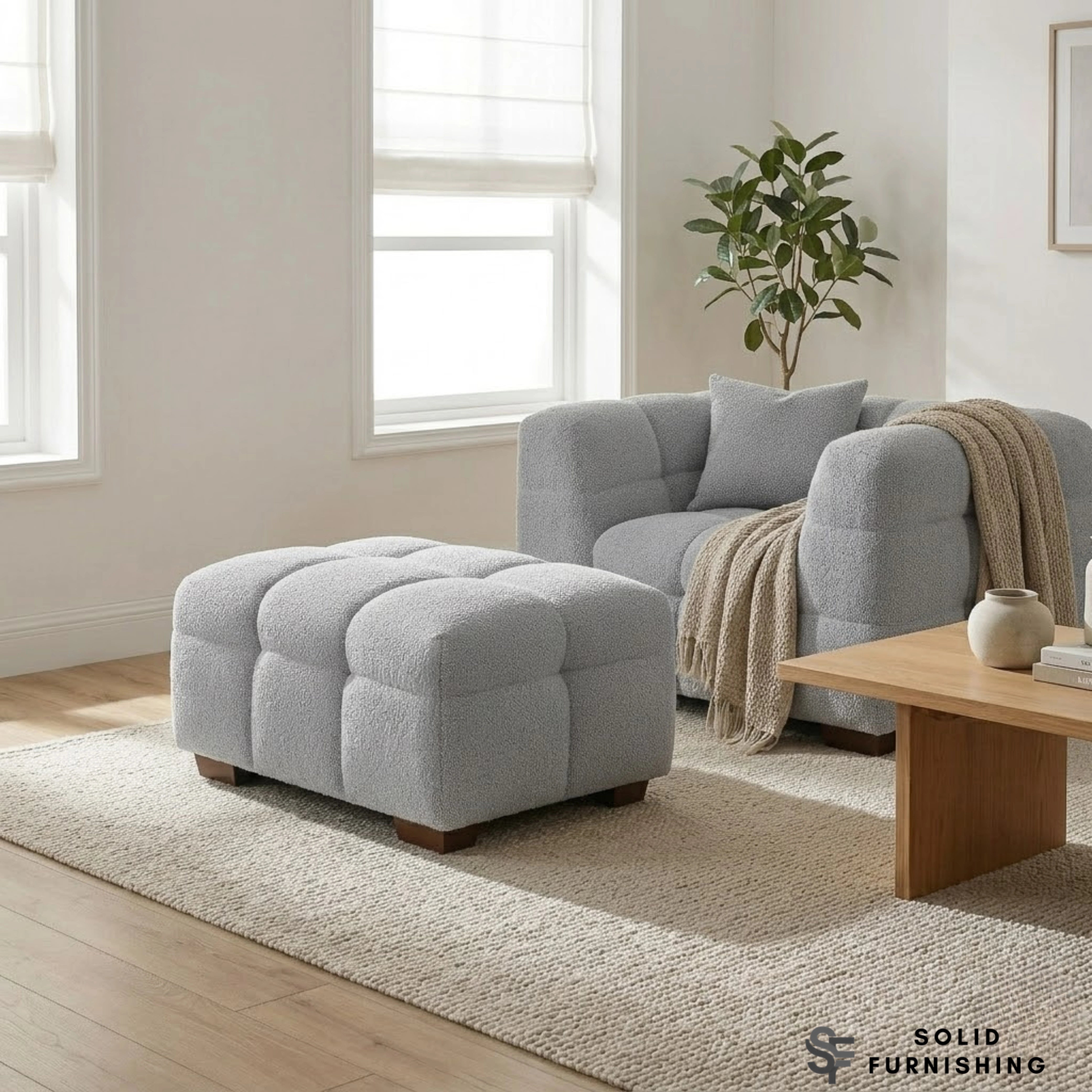 Tribeca Bubble Bouclé Sofa Set – Pearl 4 Seater, 3 Seater, Armchair & Footstool