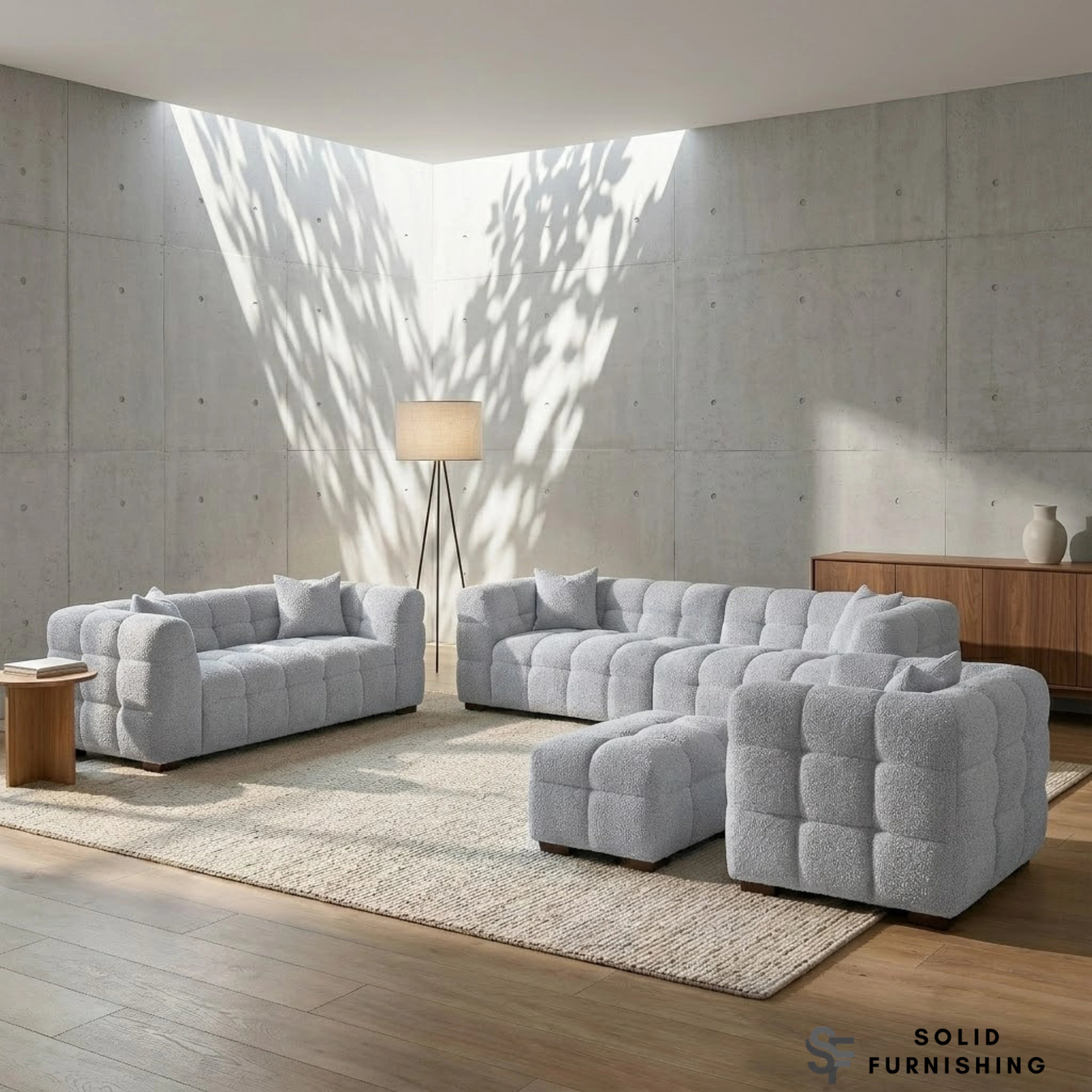 Tribeca Bubble Bouclé Sofa Set – Pearl 4 Seater, 3 Seater, Armchair & Footstool