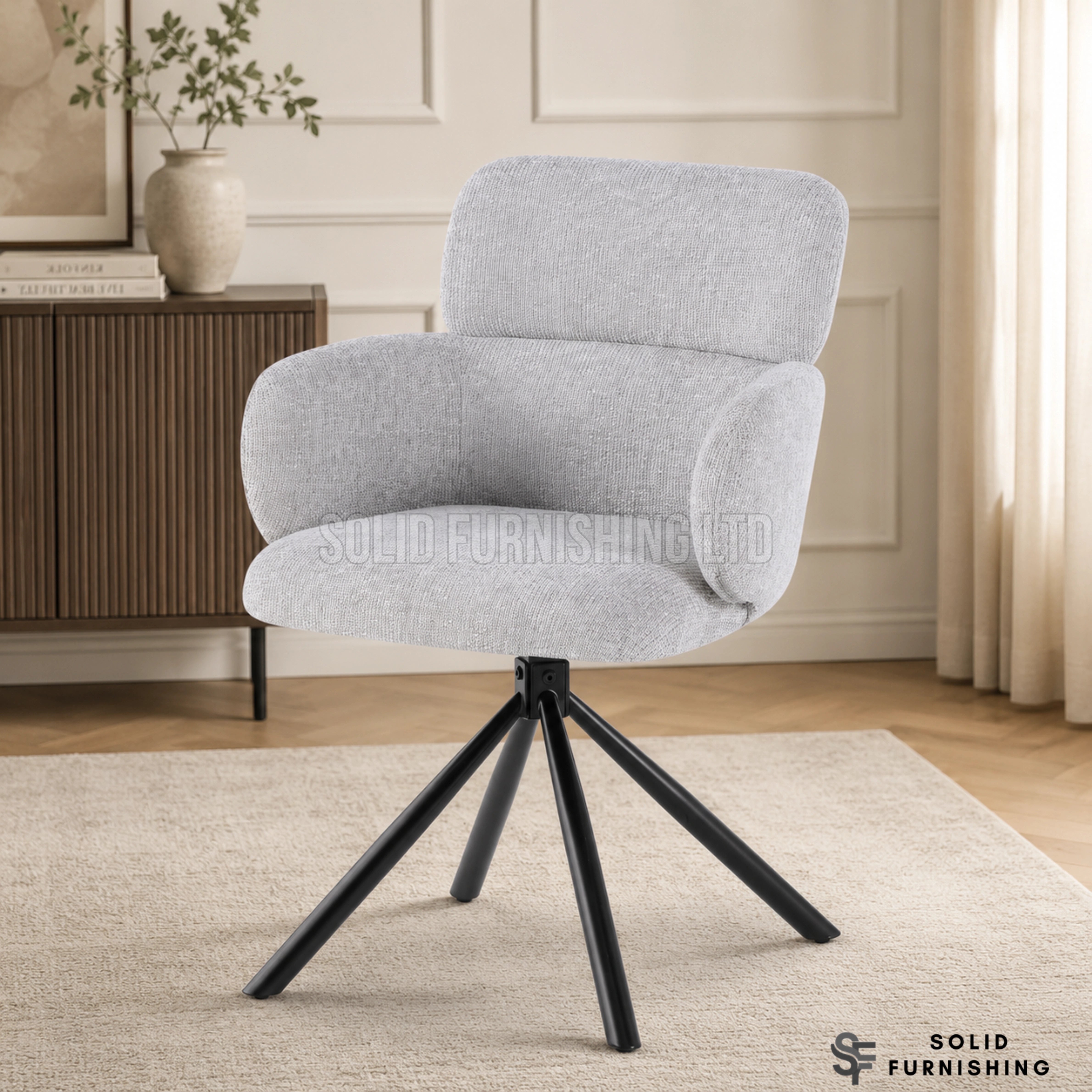 Tuscany Grey 360 Swivel Dining Chairs – Upholstered Armchairs with Black Base (Set of 2)