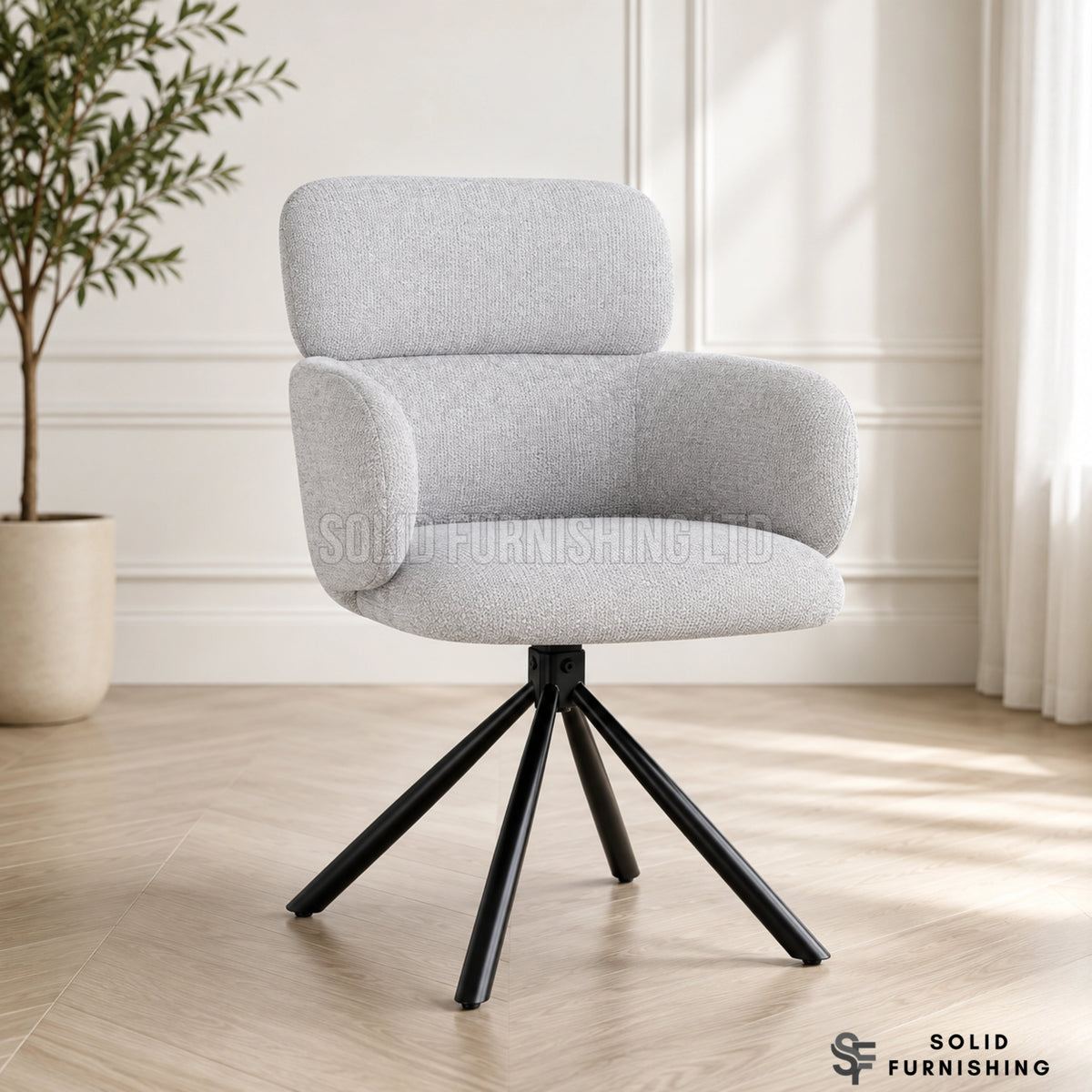 Tuscany Grey 360 Swivel Dining Chairs – Upholstered Armchairs with Black Base (Set of 2)