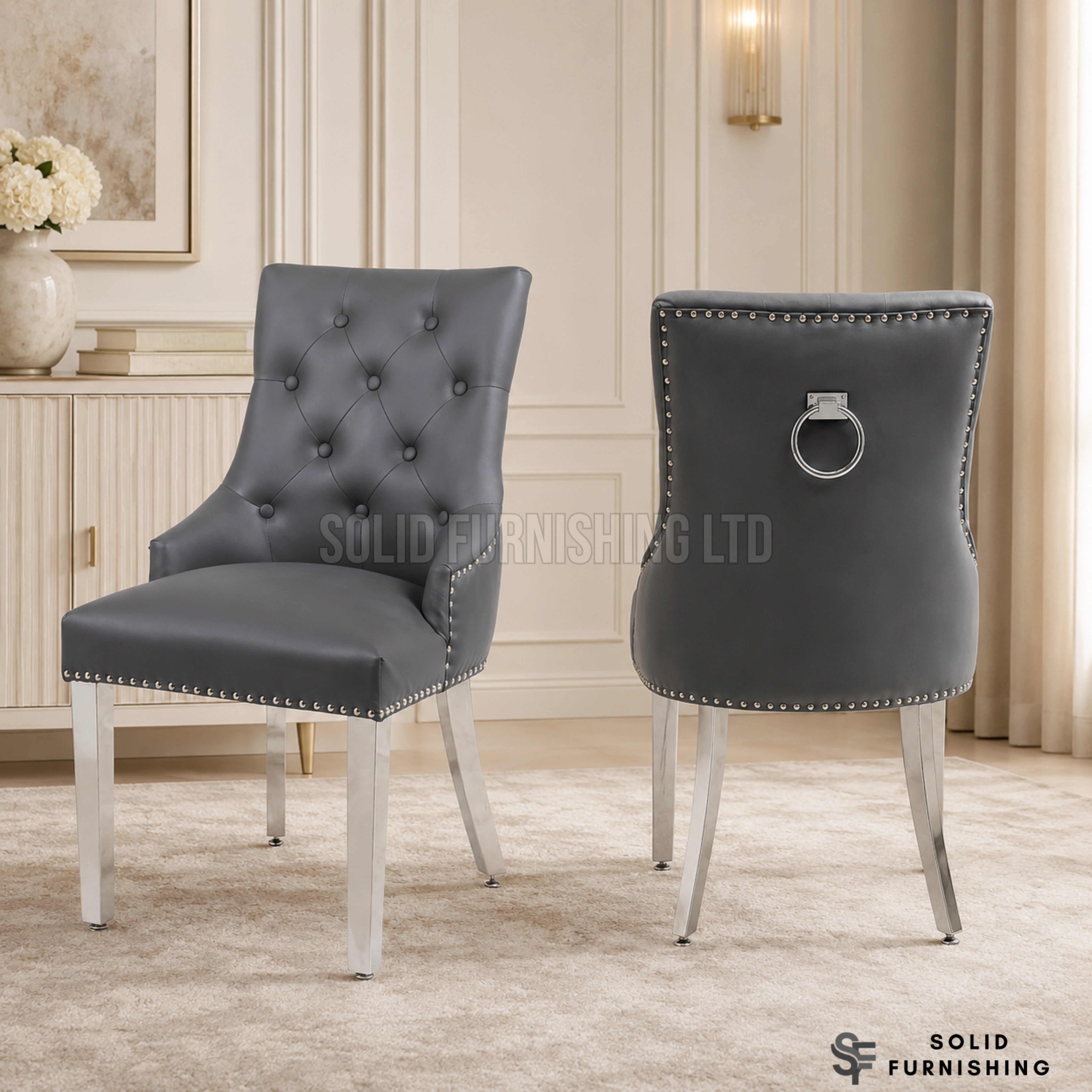 Valencia Hudson Grey PU Leather Ring Knocker Dining Chairs – Chrome Legs (Set of 2)