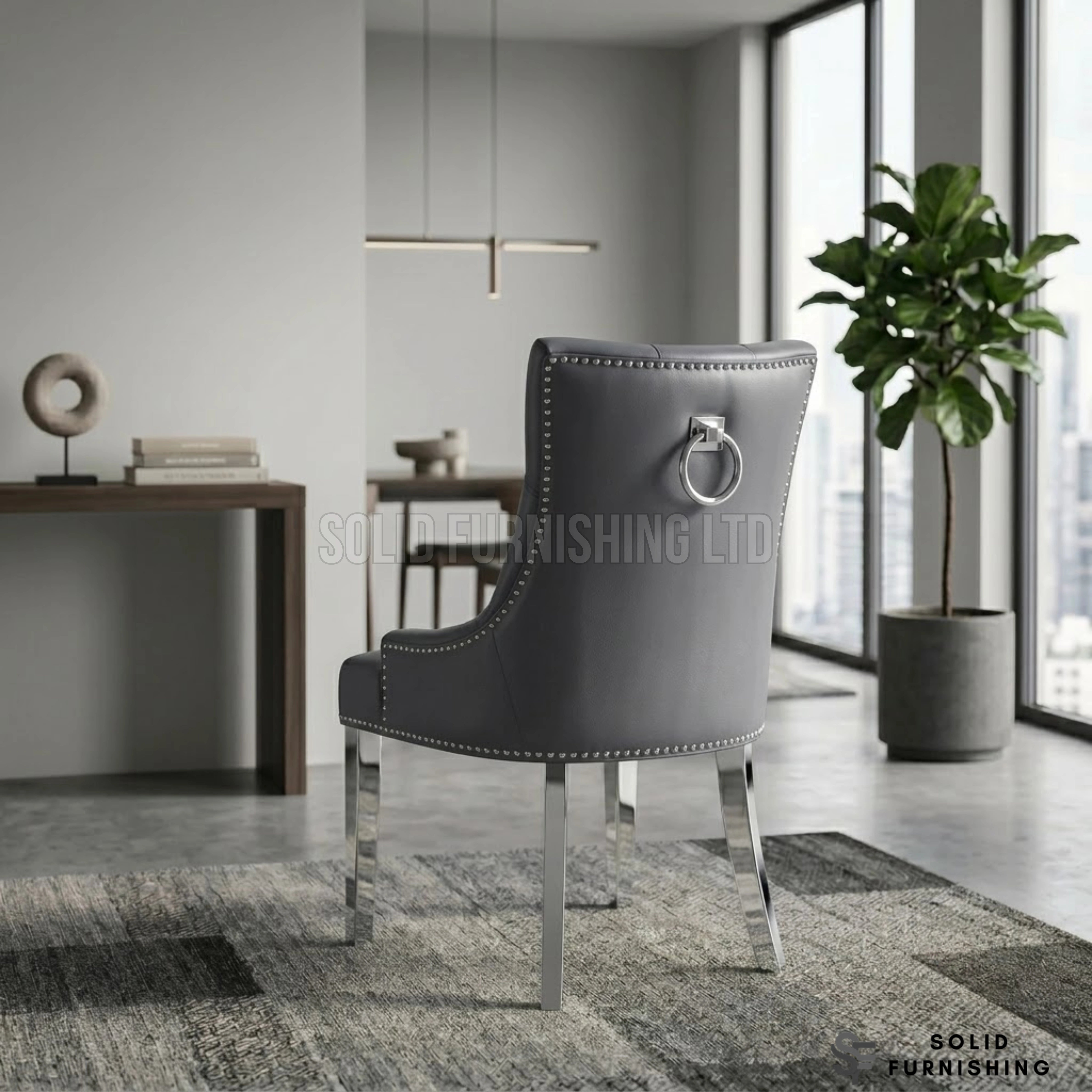 Valencia Hudson Grey PU Leather Ring Knocker Dining Chairs – Chrome Legs (Set of 2)