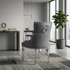 Valencia Hudson Grey PU Leather Ring Knocker Dining Chairs – Chrome Legs (Set of 2)