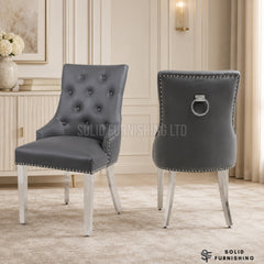 Valencia Hudson Grey PU Leather Ring Knocker Dining Chairs – Chrome Legs (Set of 2)