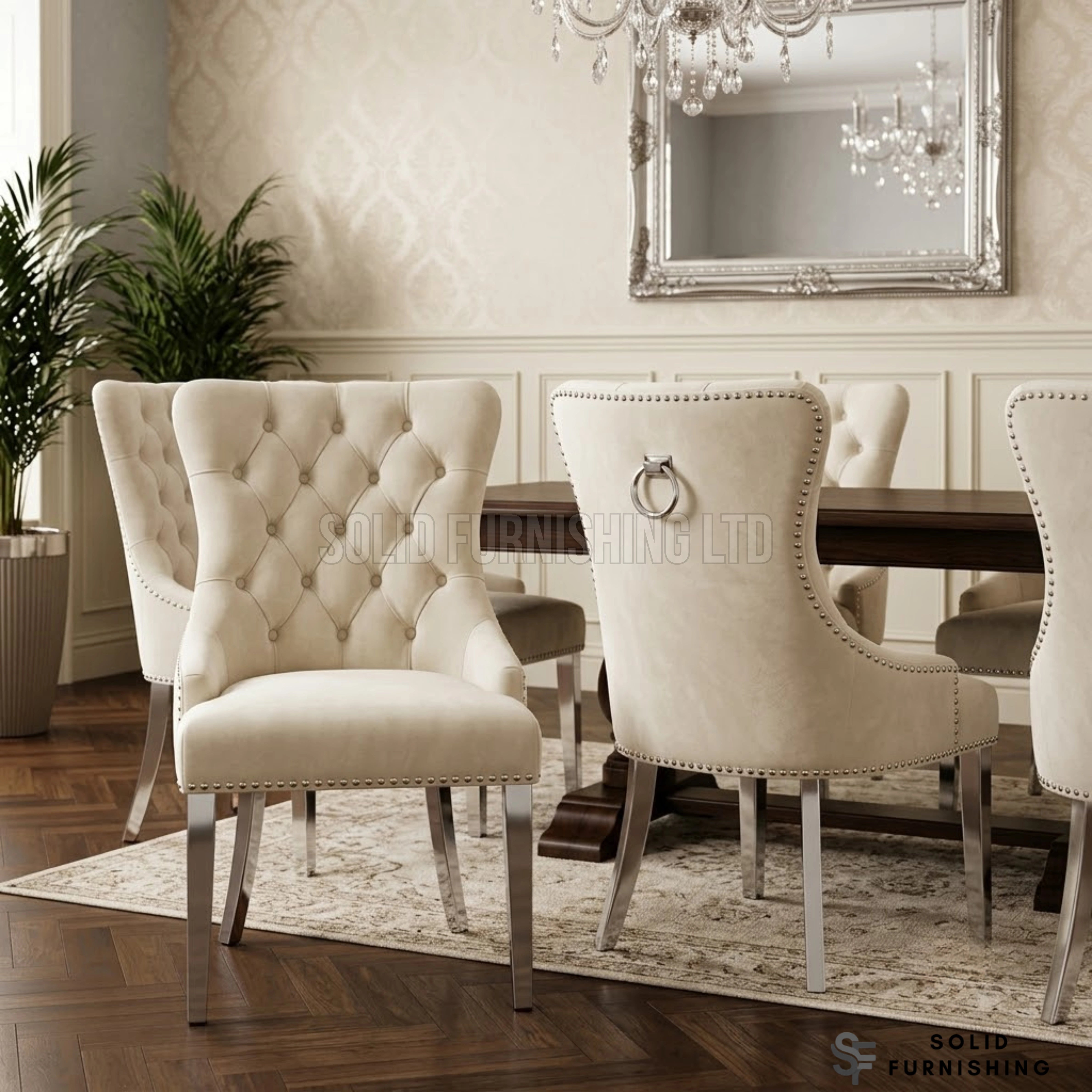 Valencia Plain Back Ring Knocker Velvet Dining Chairs – Chrome Legs (Set of 2)