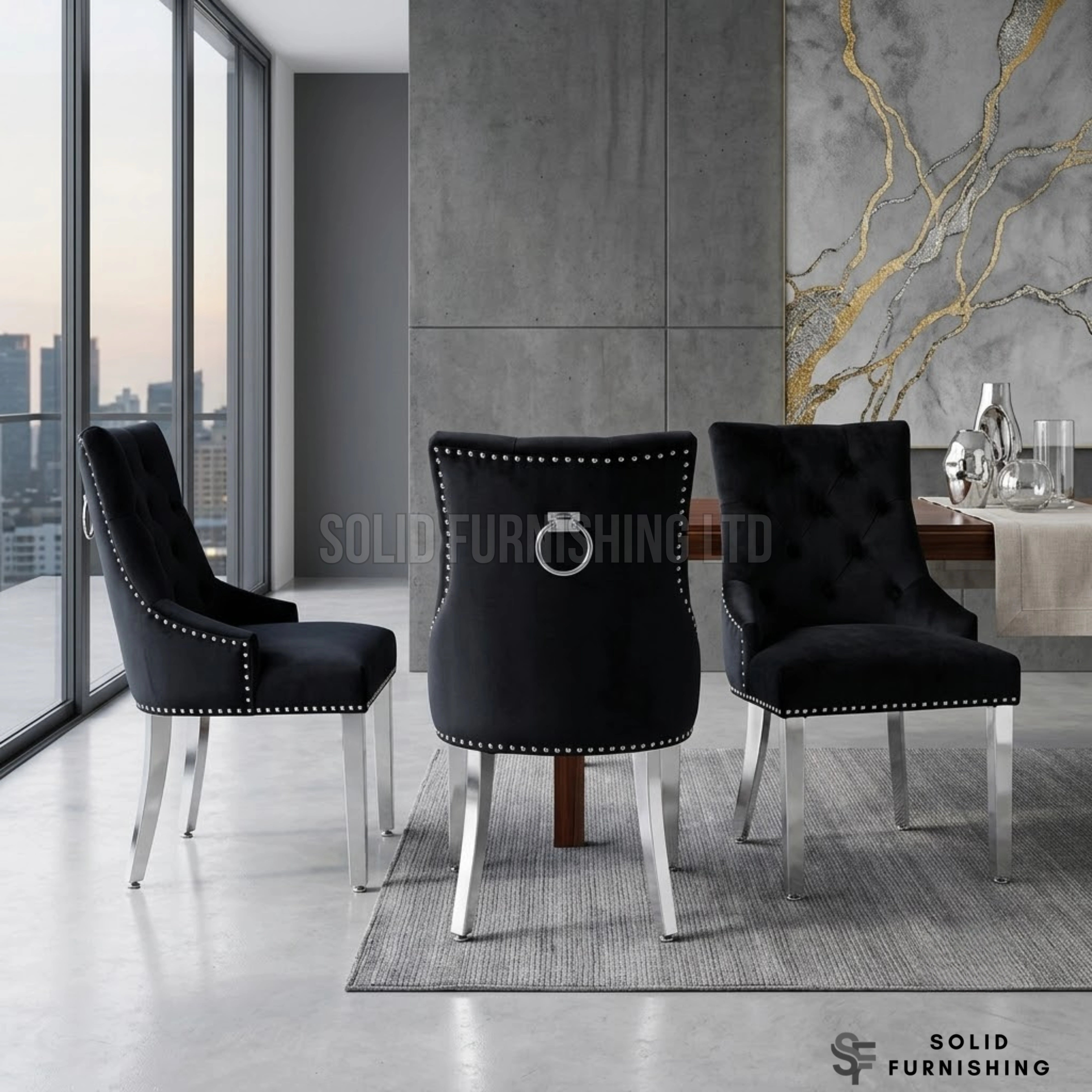Valencia Plain Back Ring Knocker Velvet Dining Chairs – Chrome Legs (Set of 2)