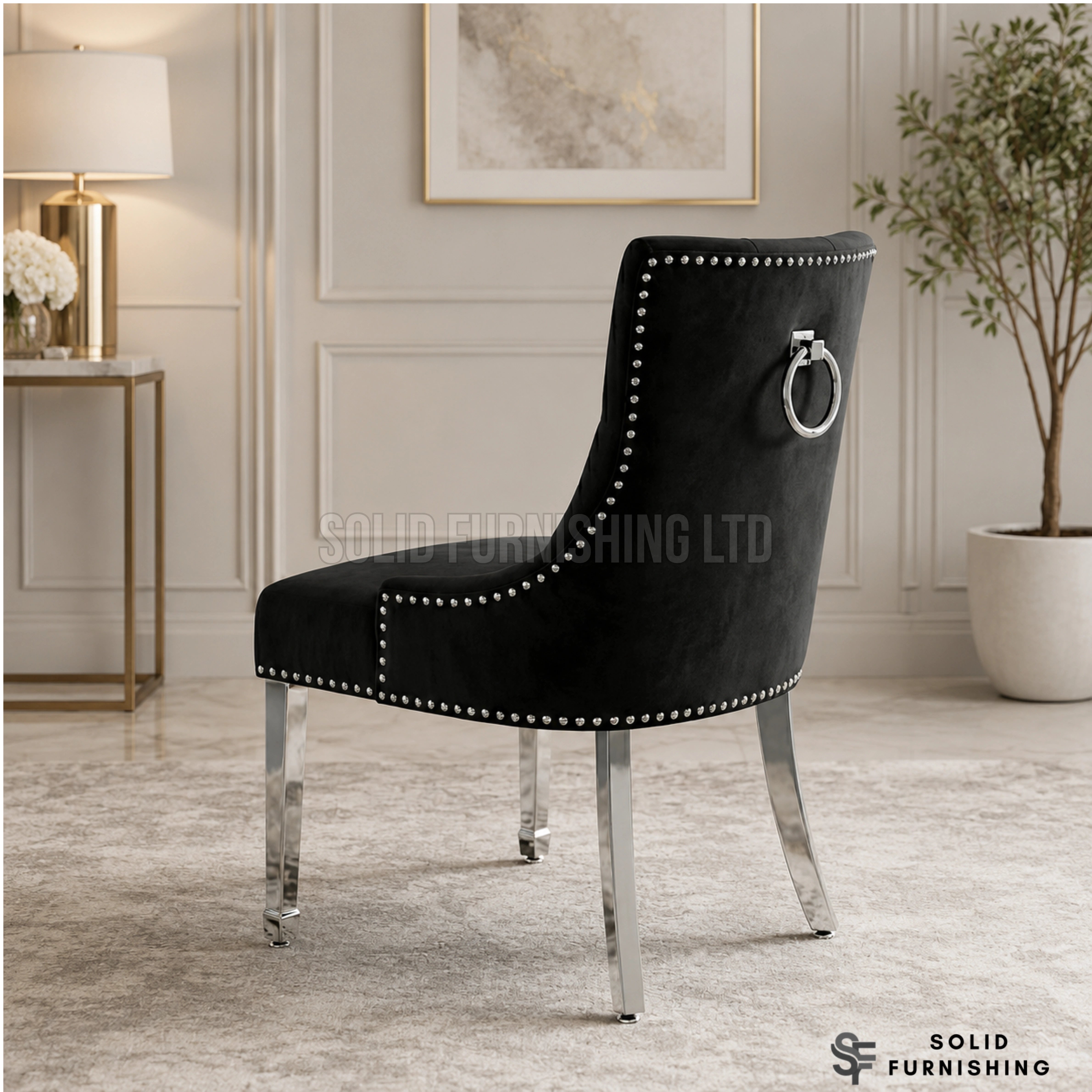 Valencia Plain Back Ring Knocker Velvet Dining Chairs – Chrome Legs (Set of 2)